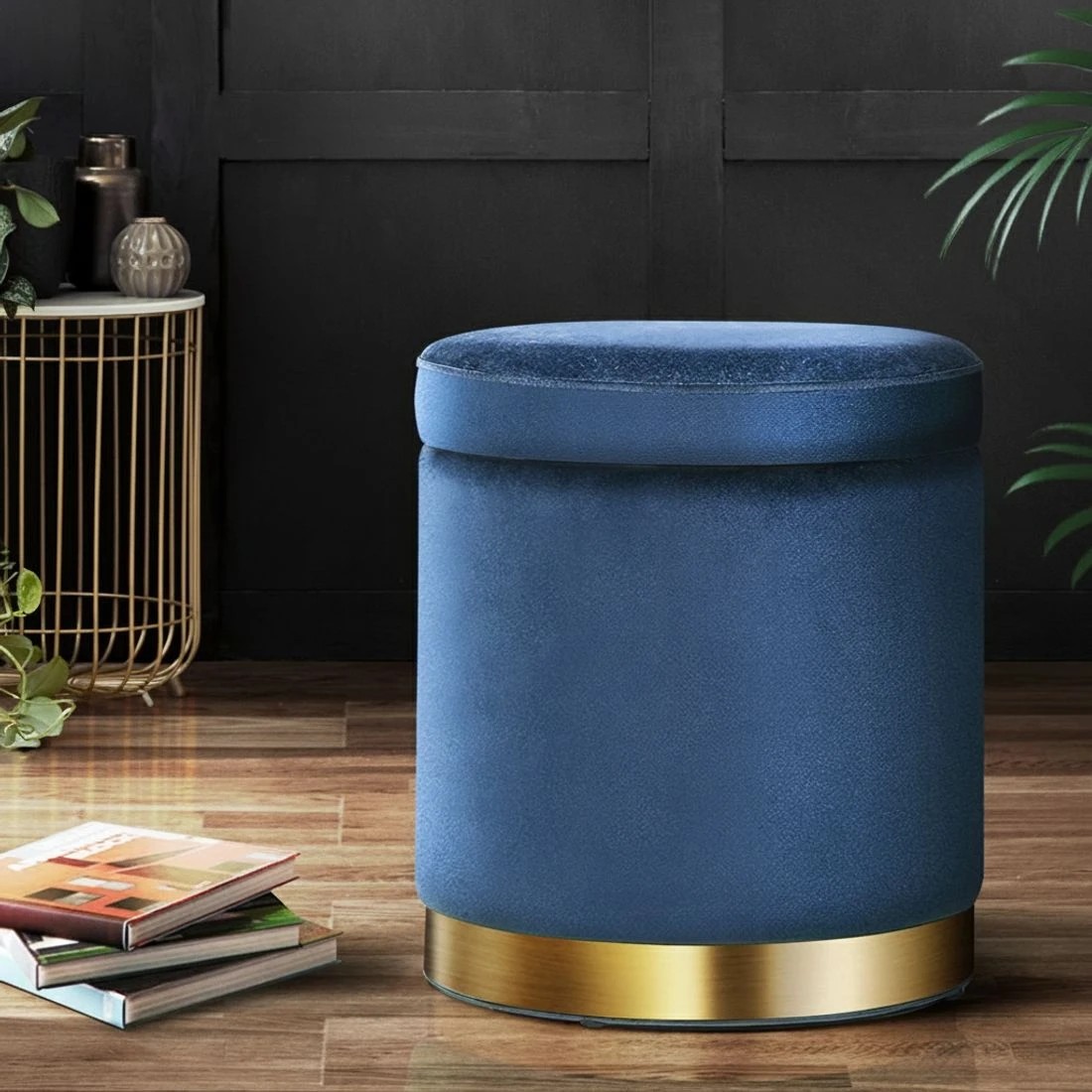 6 Artiss Ottoman Storage Foot Stool Round Velvet - Blue, 6 of 6