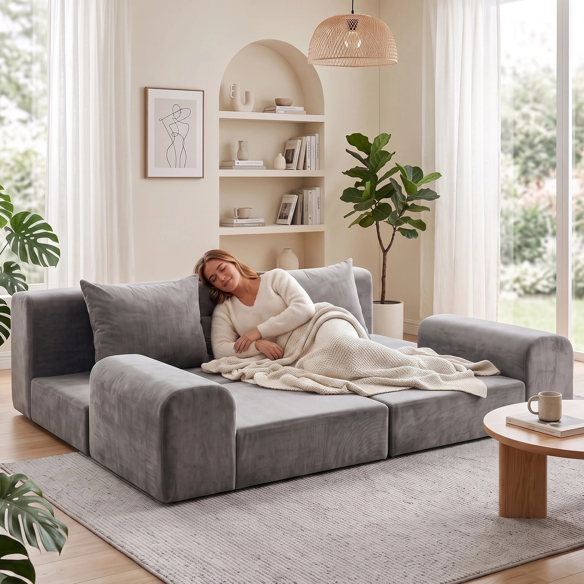 9 Artiss 5-in-1 Convertible Sofa Bed Floor Mattress Modular Boneless Curved Couch - Grey, 9 of 10