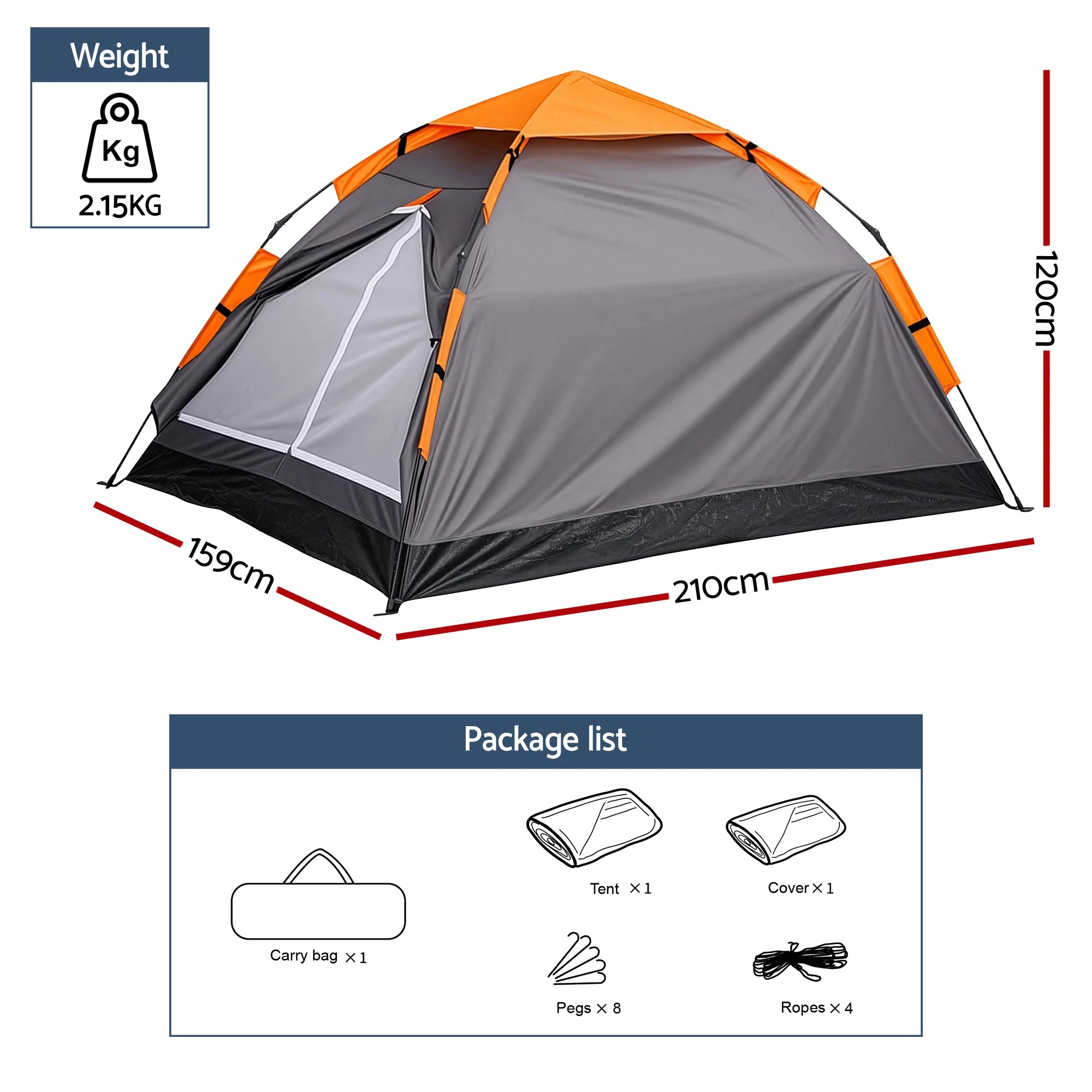 2 Weisshorn 2 Person Instant Pop Up Camping Tent Automatic Waterproof Hiking Beach - Grey, 2 of 2