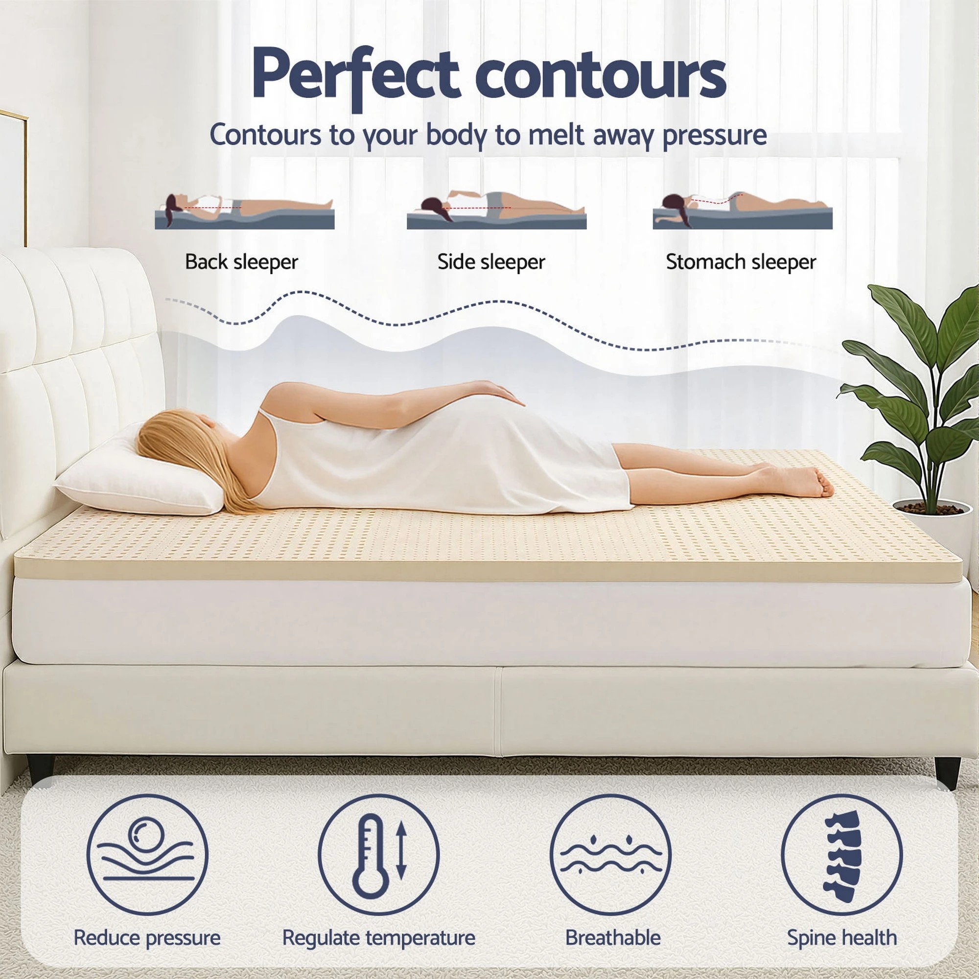 7 Giselle Bedding Latex Topper 100% Natural Latex Toppers 7 zone w/ Ice Silk Cool touch Fabric Cooling - Queen Bed - Beige, 7 of 8