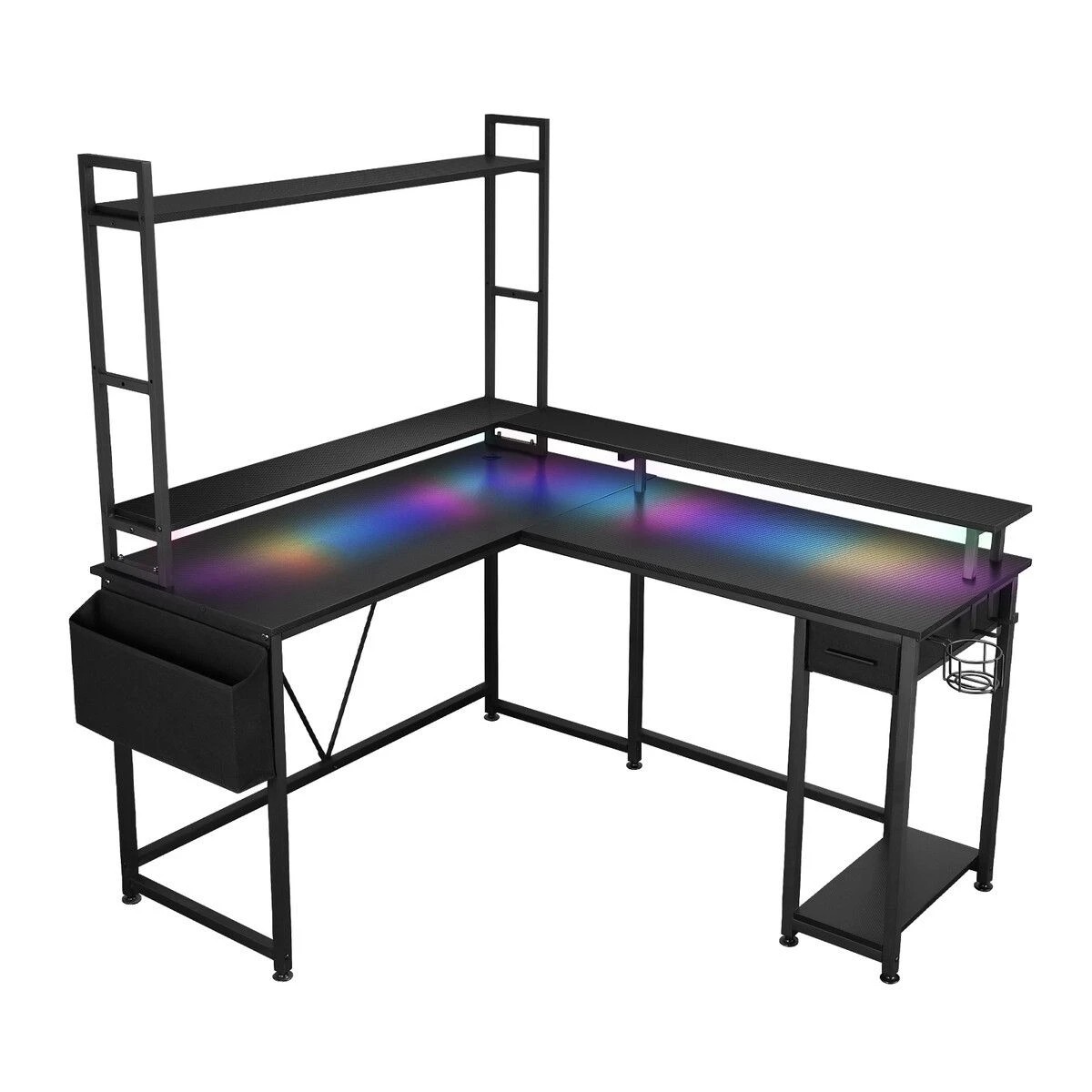 1 Ausway Gaming Desk L Shaped Corner Table with LED Lights Carbon Fibre, 1 of 5