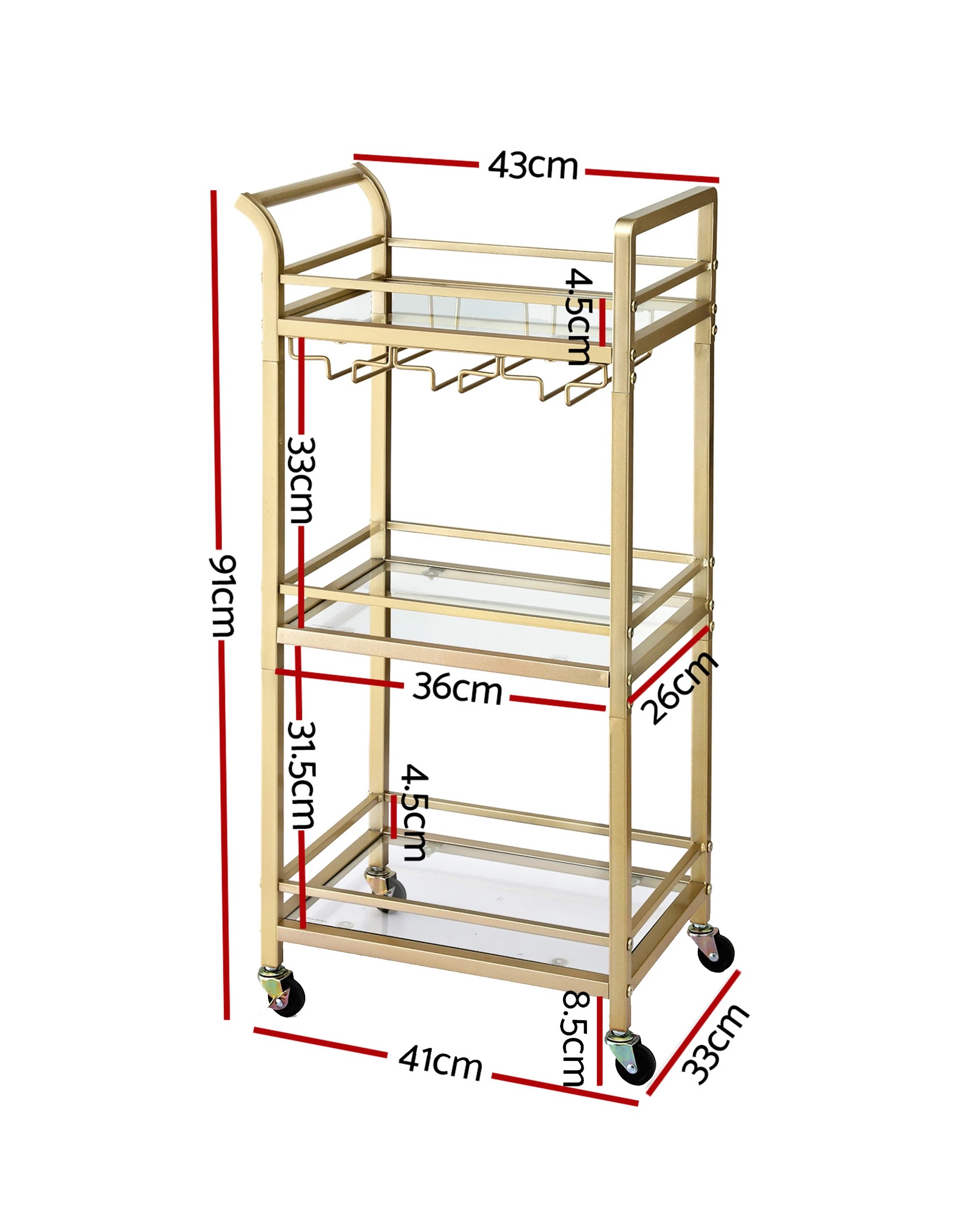 3 Artiss Bar Cart Drinks Trolley Serving Wine Glass Holder Rack Cocktail 43cm - Gold, 3 of 7