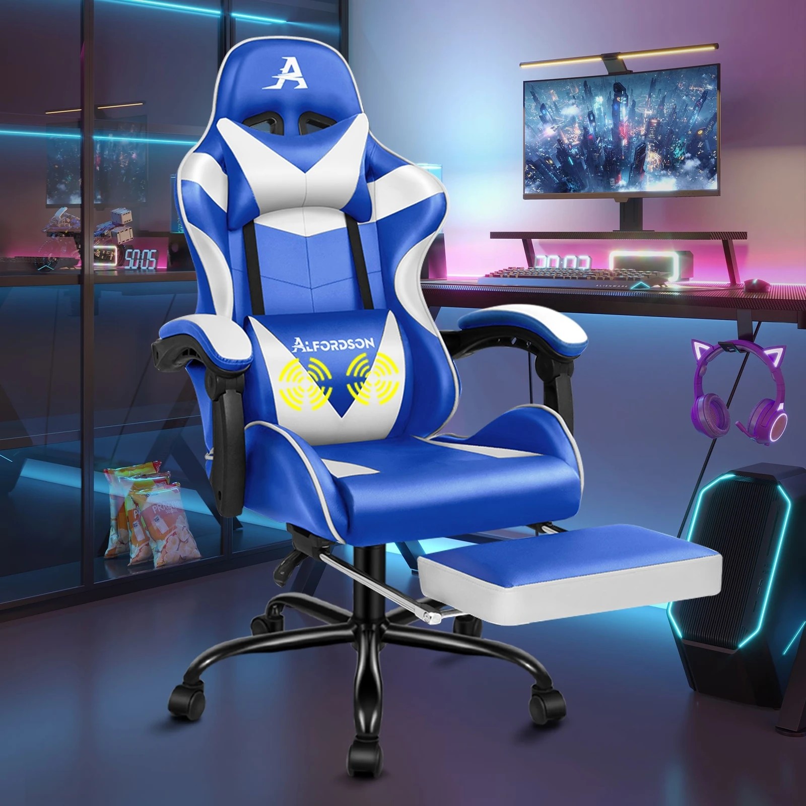 2 Alfordson Gaming Chair Office Executive Racing Footrest Seat Leather - Blue, 2 of 10