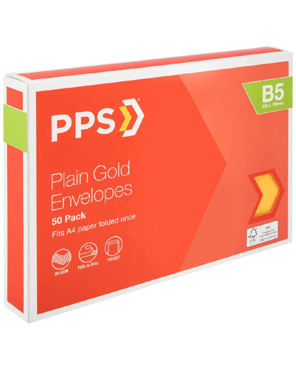 PPS B5 Plain Faced Envelopes Gold 50 Pack