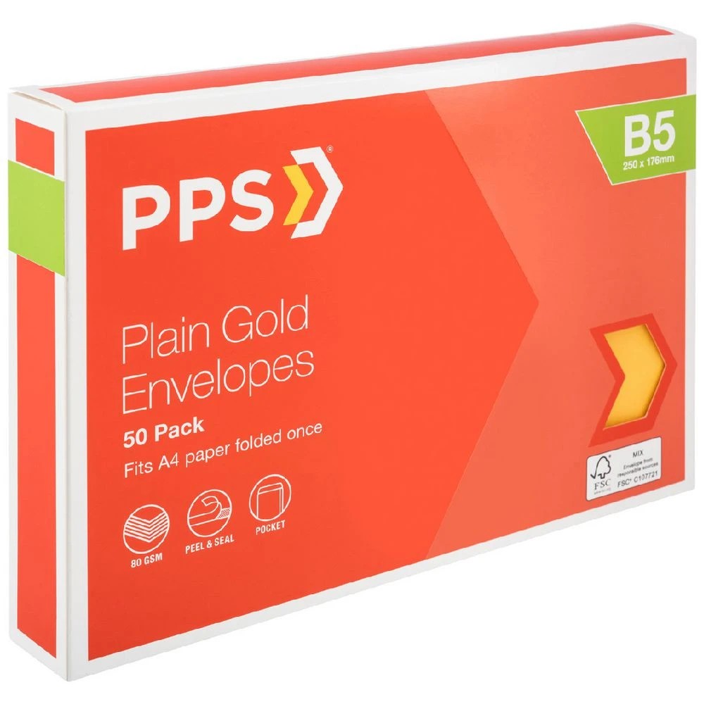 1 PPS B5 Plain Faced Envelopes Gold 50 Pack, 1 of 4