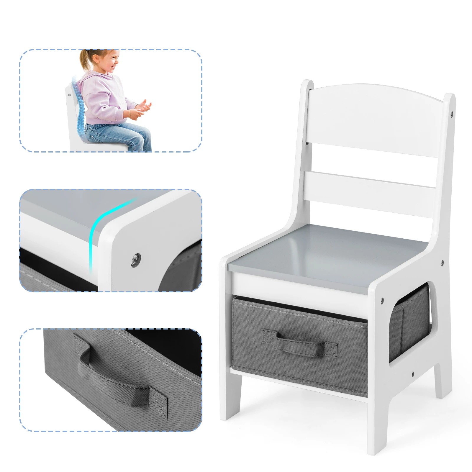 6 Costway 3PCS Kids Table & Chairs Set w/Storage Box - Grey, 6 of 6