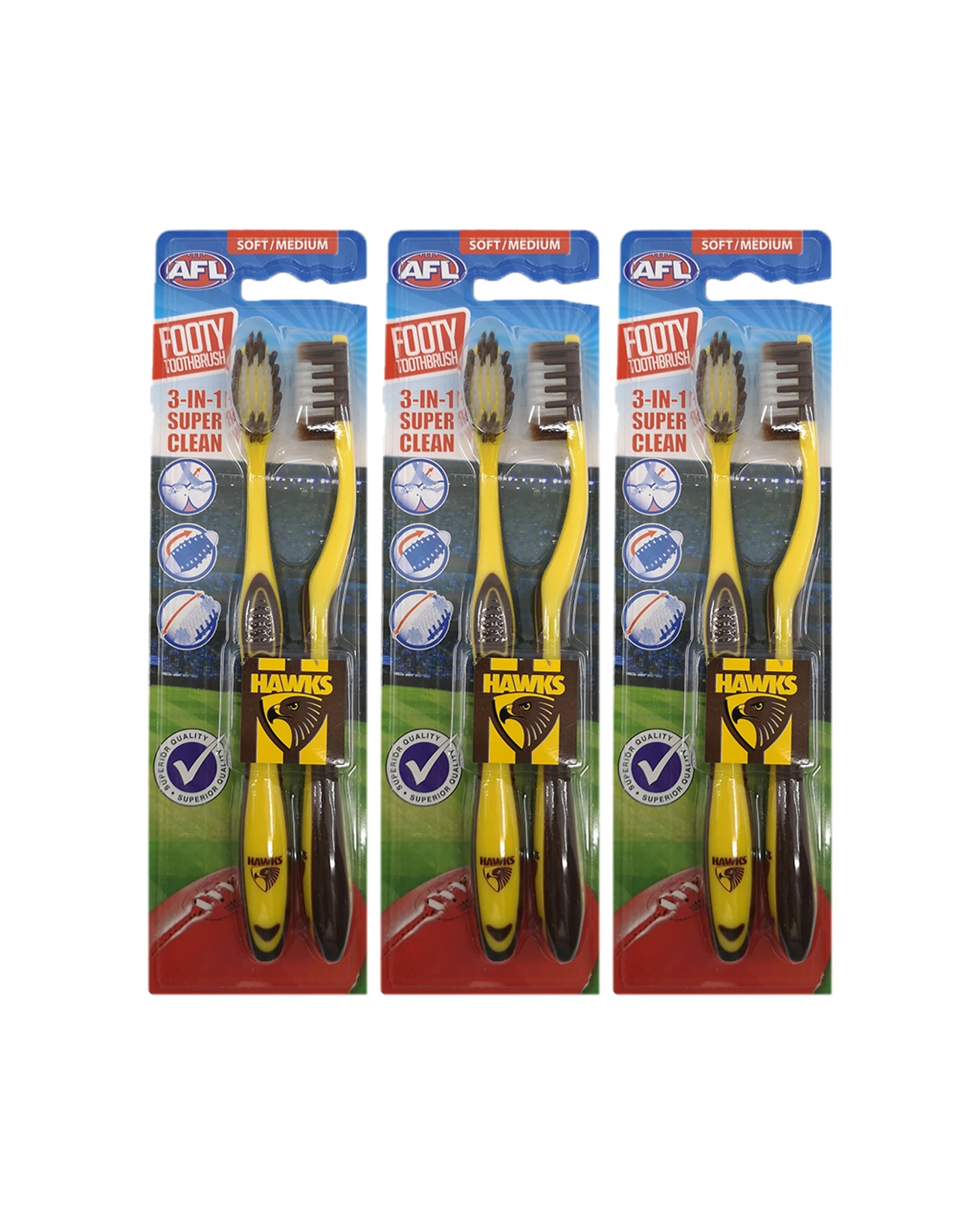 1 AFL 3x 2pc Soft/Medium Toothbrush Oral Care Hawthorn Hawks Kids/Adults - Multi, 1 of 2
