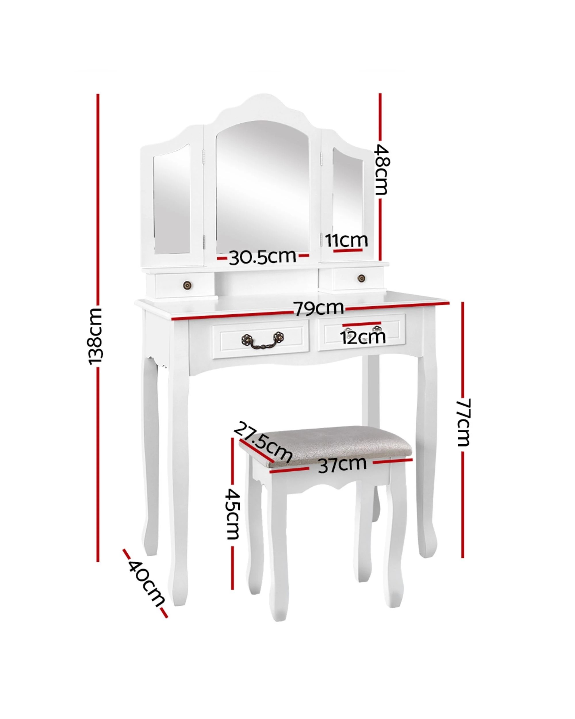 2 Artiss Dressing Table Stool Set Foldable Mirror - White, 2 of 8