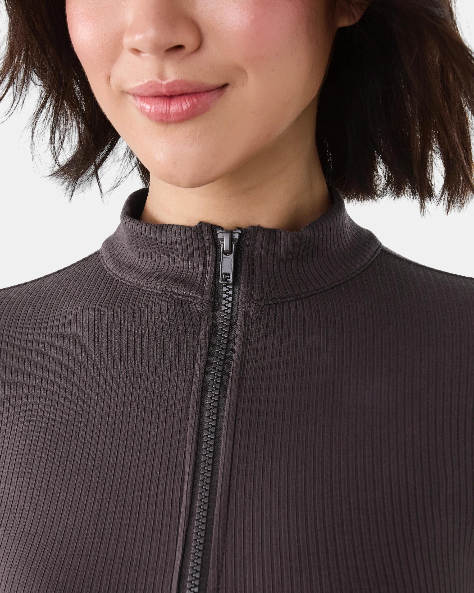 6 Active Womens Ribbed Zip Through Long Sleeve Top Espresso, 6 of 10