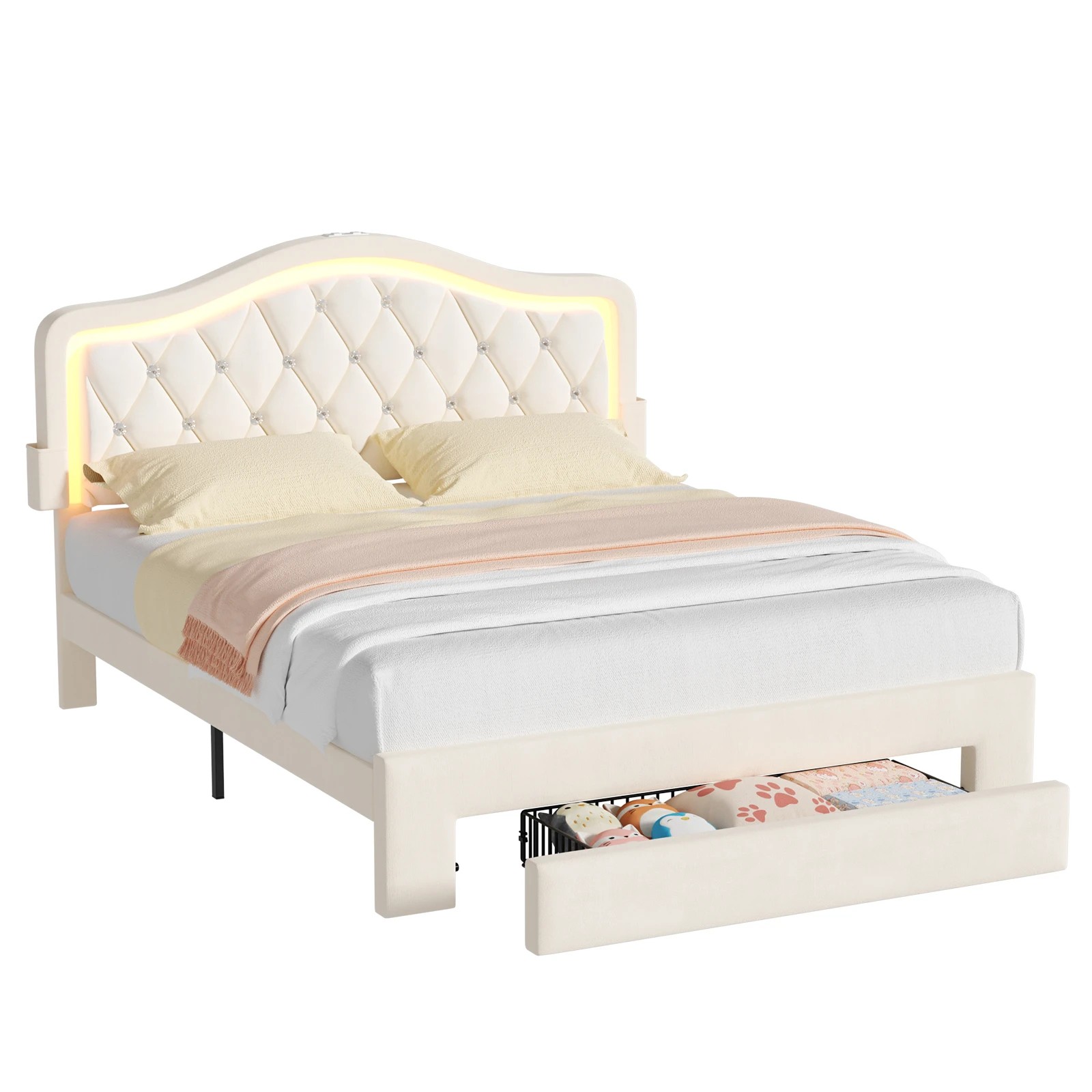 1 Advwin LED Velvet Bed Frame with Adjustable Headboard and Storage Drawer Double - Beige, 1 of 9