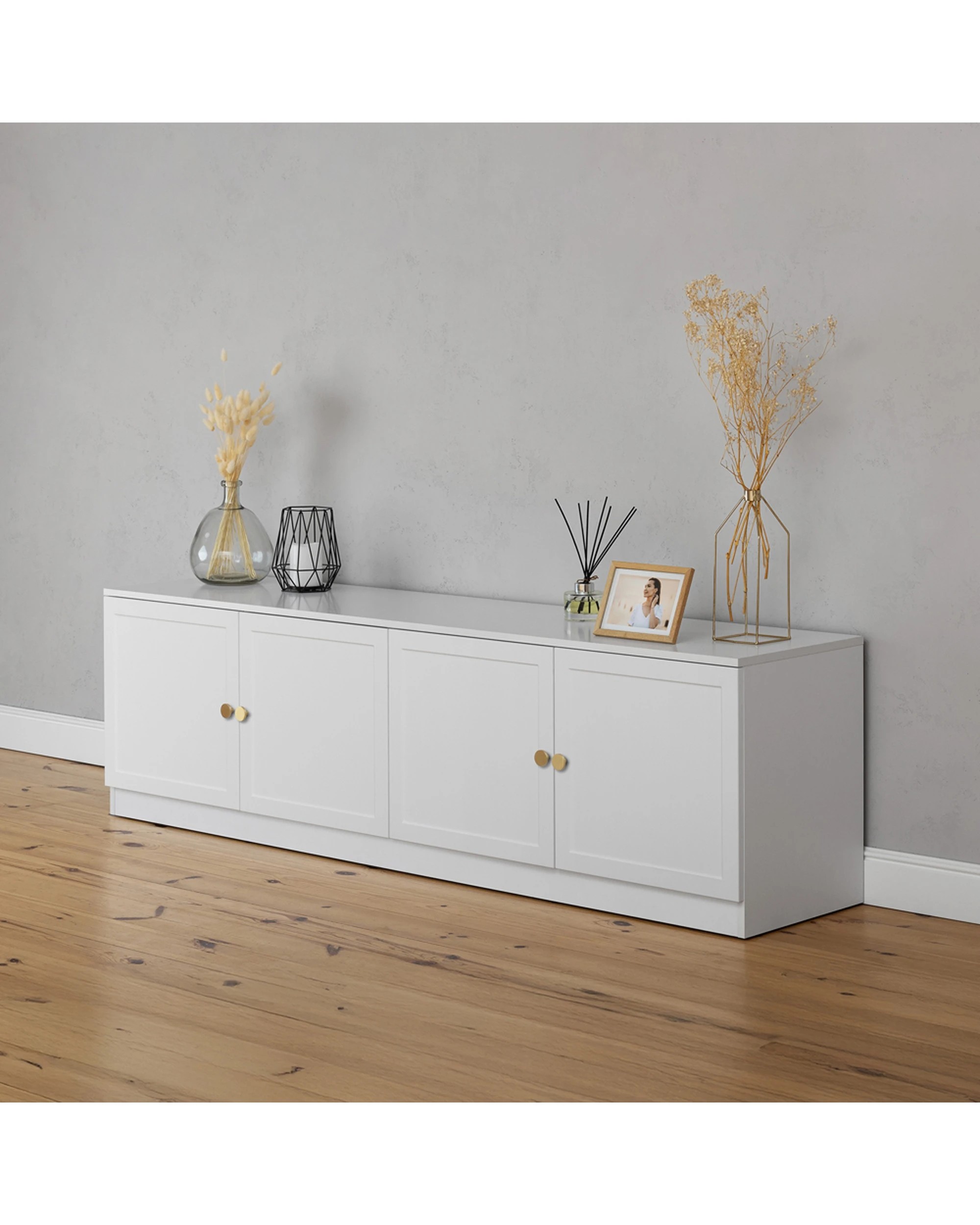 3 European Cabinetry Bucharest Hamptons Panel TV Unit Brass Round Handle - White, 3 of 4