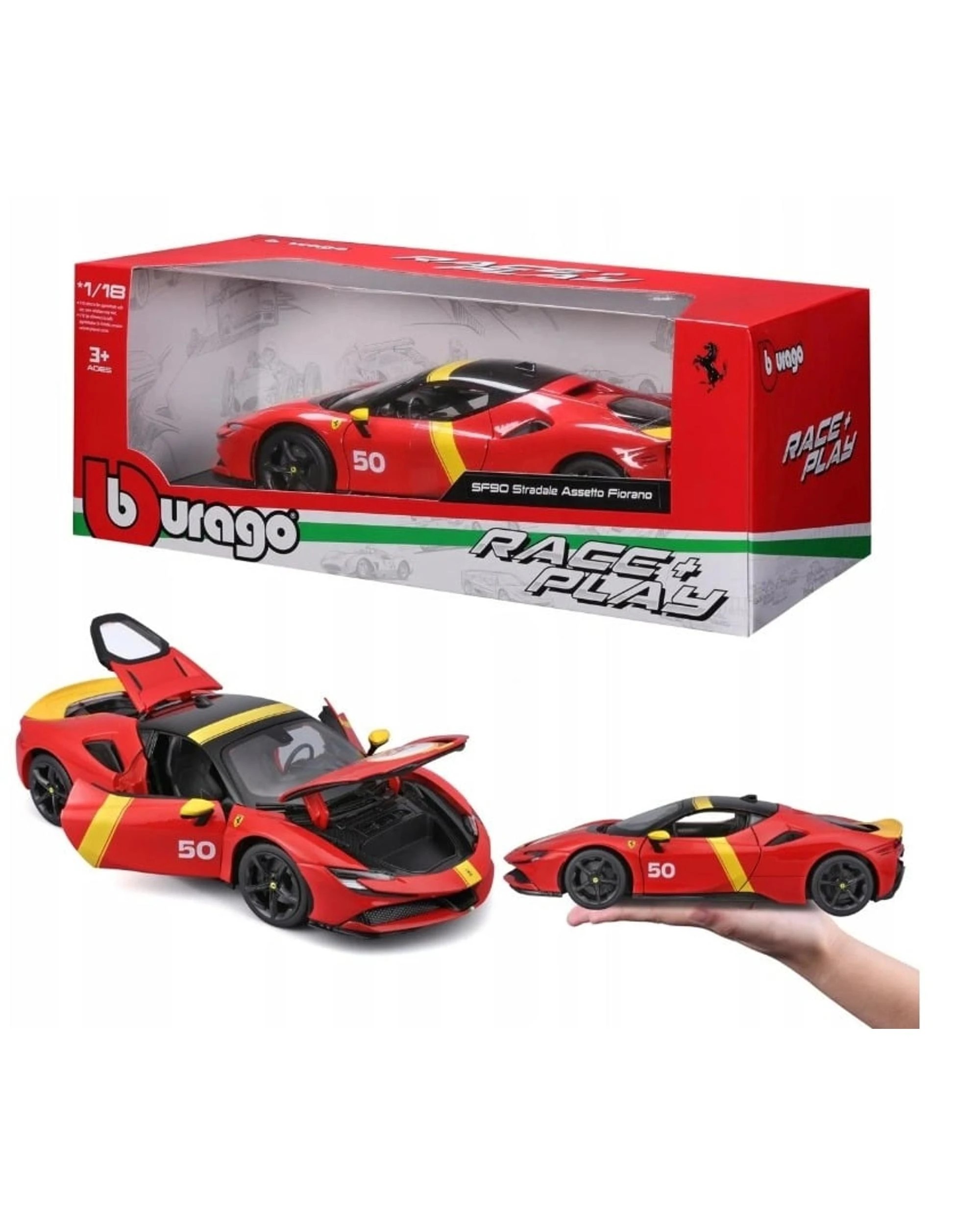 3 Bburago Race and Play 2024 Ferrari SF90 Stradale Assetto Fiorano #50 Red and Yellow 1:18 Scale Diecast Vehicle, 3 of 10