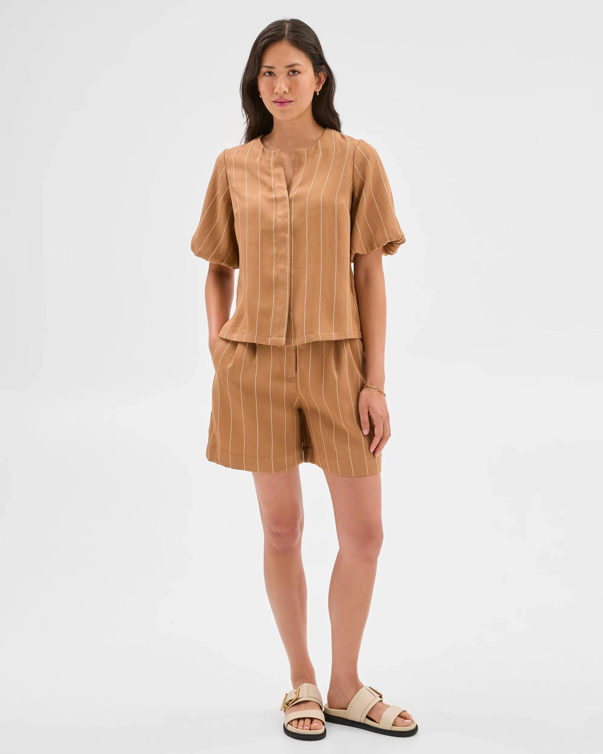 1 Puff Sleeve Blouse - Preview CARAMEL STRIPE, 1 of 6
