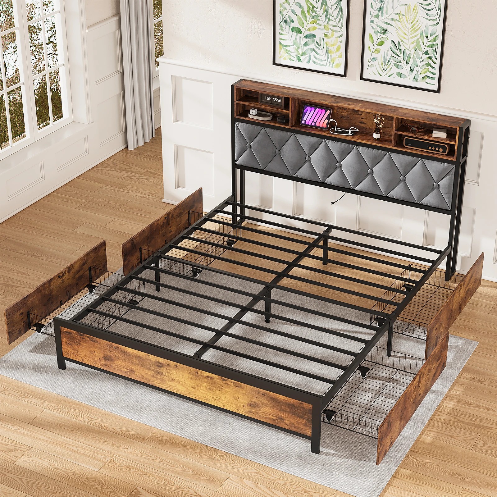 2 Advwin Queen Size Bed Frame with 4 Storage Drawers and Charging Station, 2 of 8