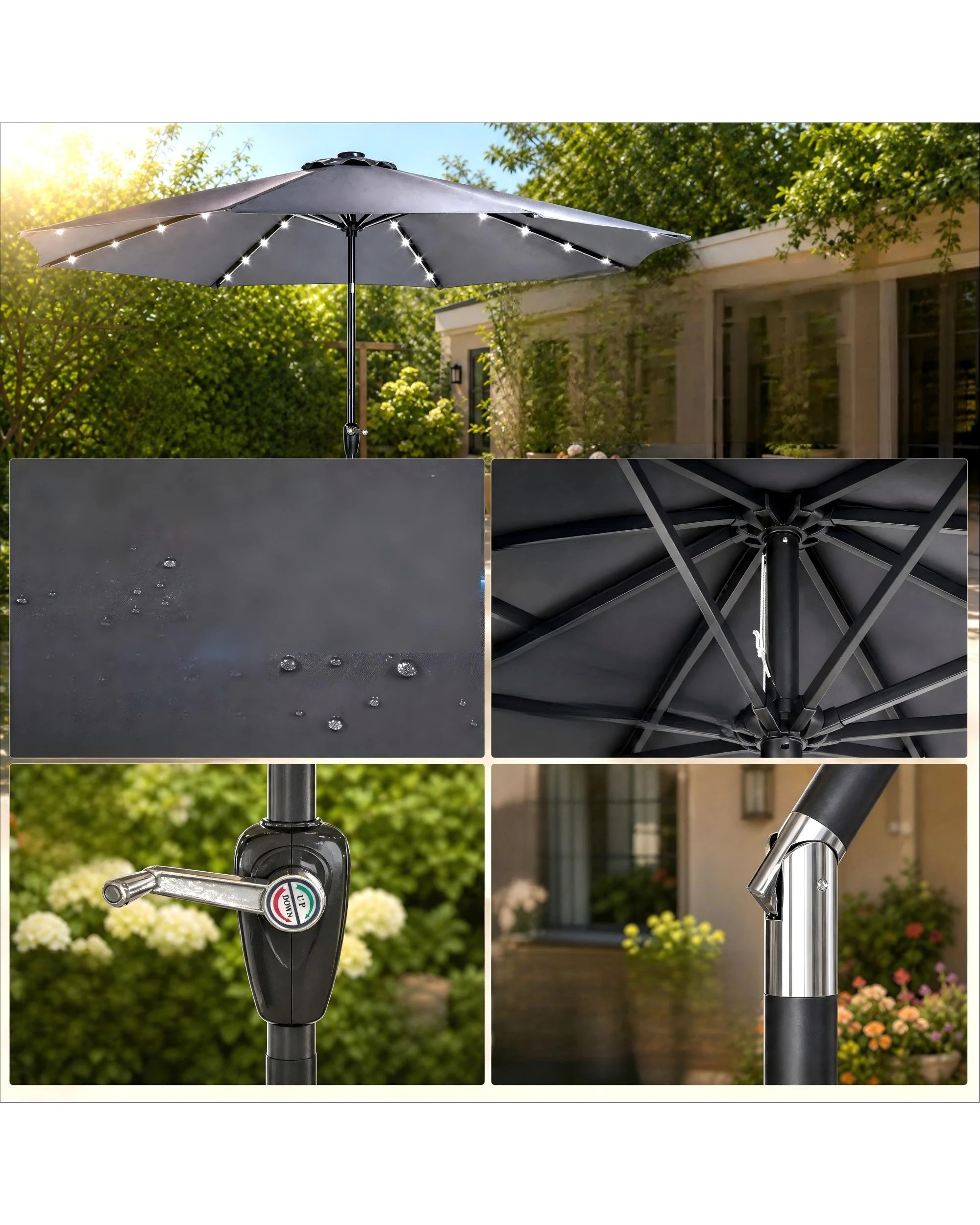 2 Advwin Solar Patio Umbrella with Base, 3m Outdoor Umbrella with 32 LED Lights & Cover - Grey, 2 of 9