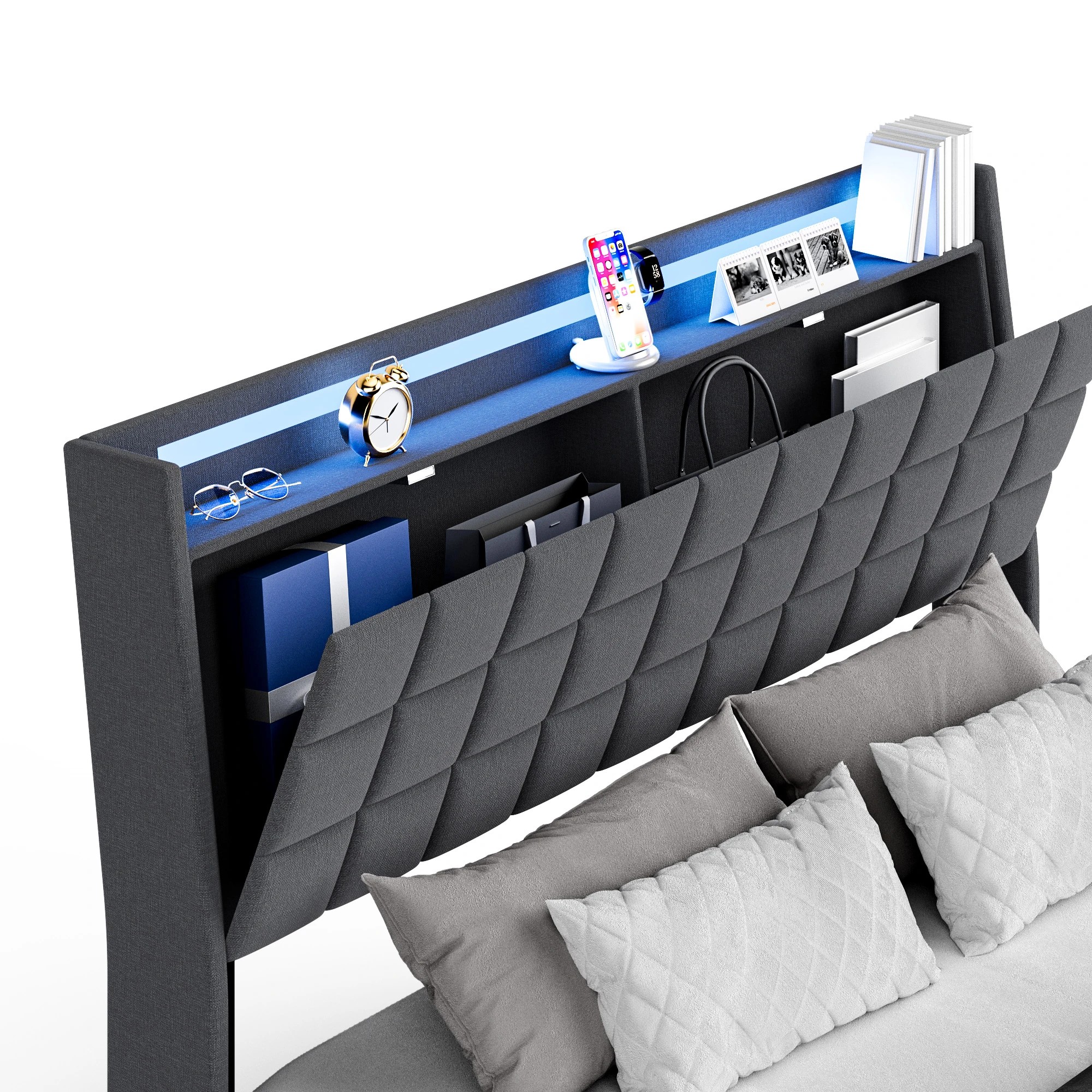 4 Advwin Queen Size Floating Bed Frame with Led Lights and Storage Headboard Dark Grey, 4 of 7