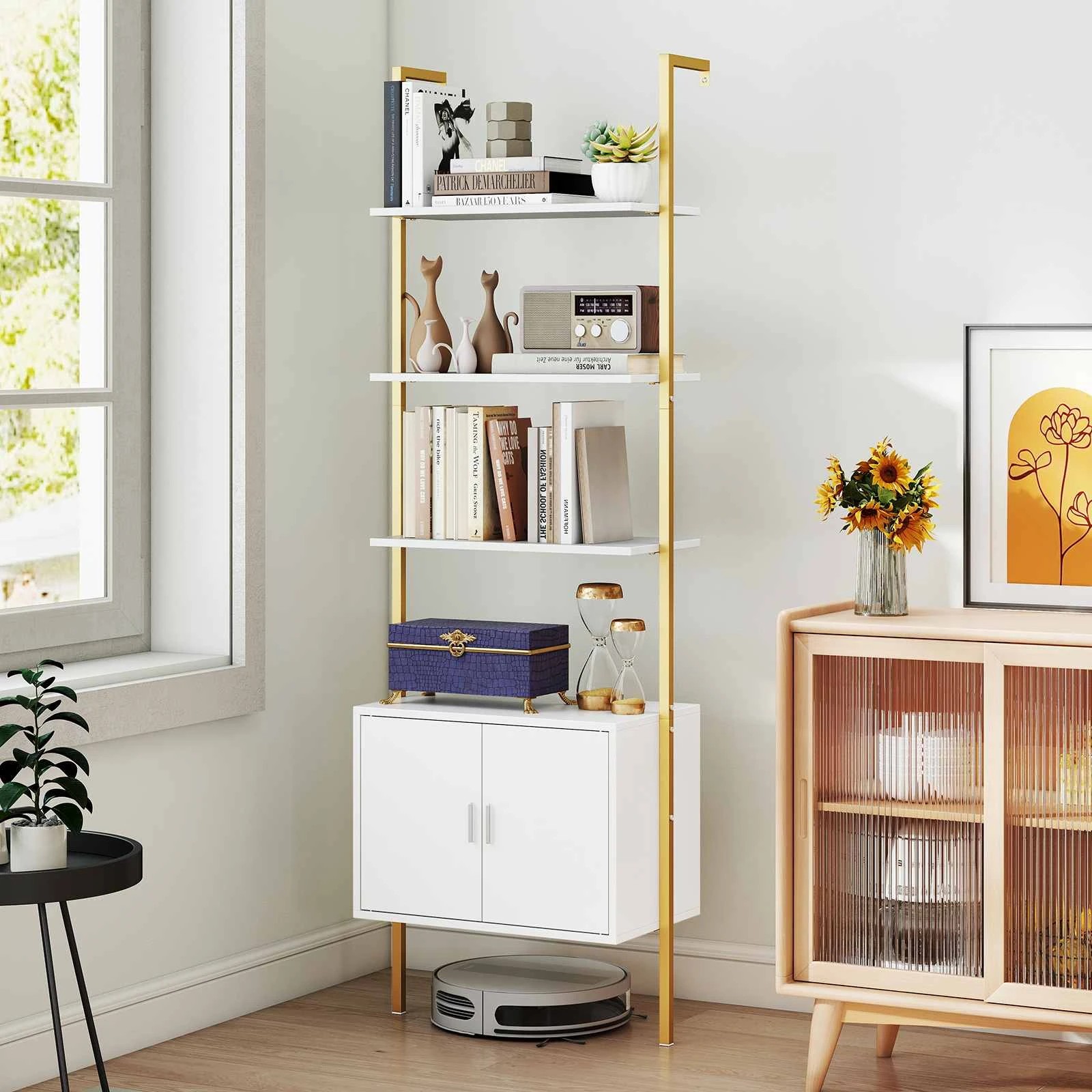 3 Costway 5-Tier Tall Bookshelf Wall Mount Ladder Bookcase w/Cabinet Open Storage Display Rack - White, 3 of 3