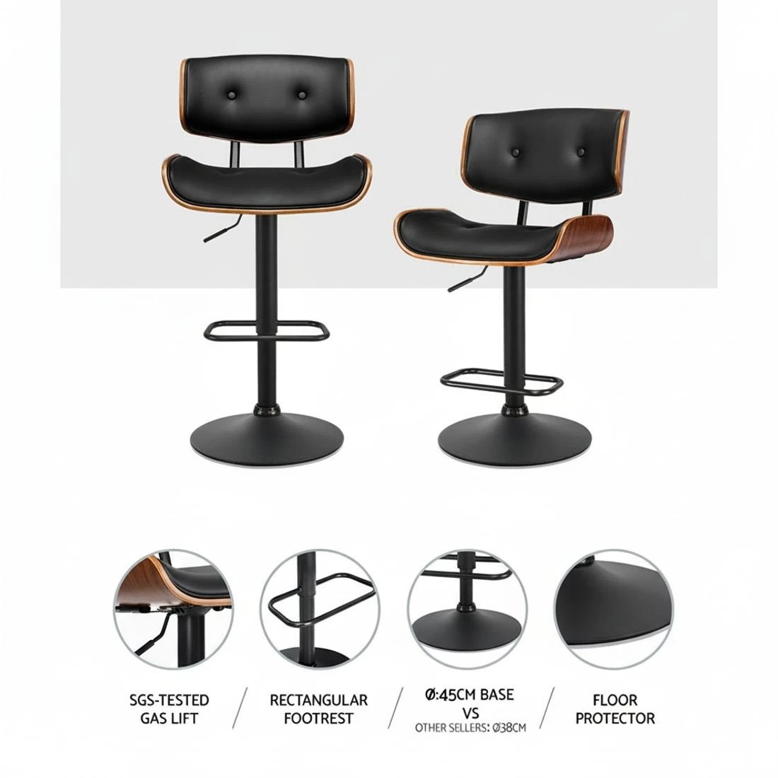 3 Artiss Bar Stools Gas Lift Leather All - Black, 3 of 5