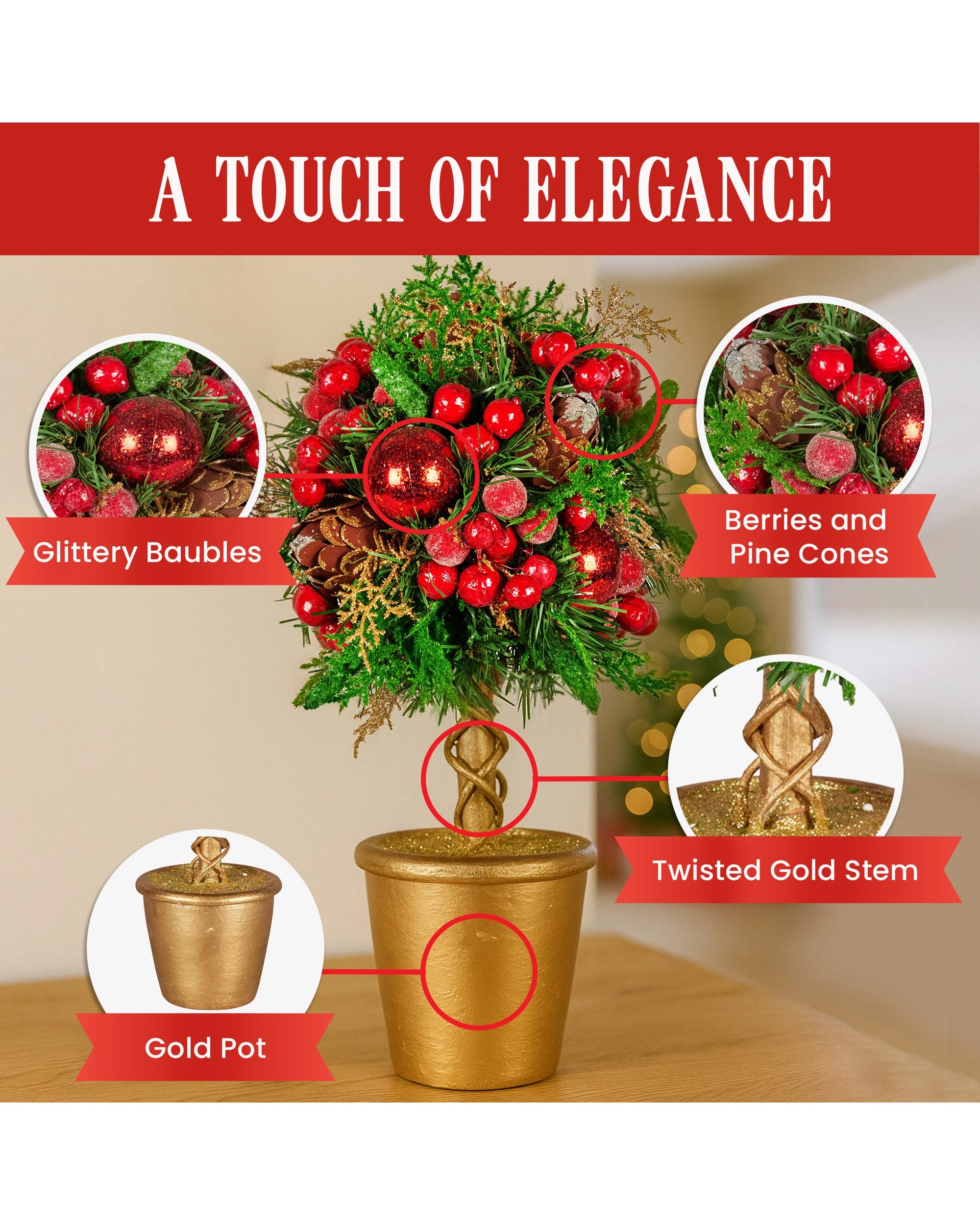 8 Christabelle 36cm Christmas Tabletop Topiary With Berries Baubles And Pine Cones, 8 of 10