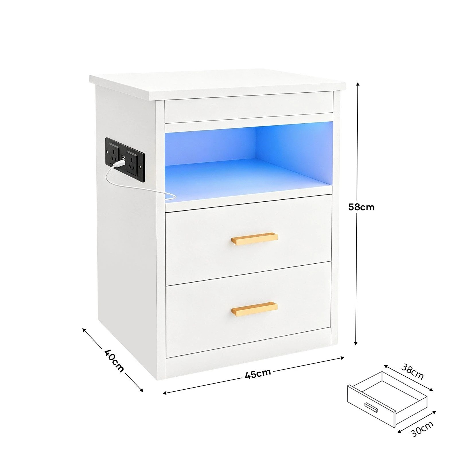 2 LUXSUITE LED Bedside Table Nightstand with USB Charging Station, 3 Drawers (1 Lockable) & Open Shelf, 2 of 6