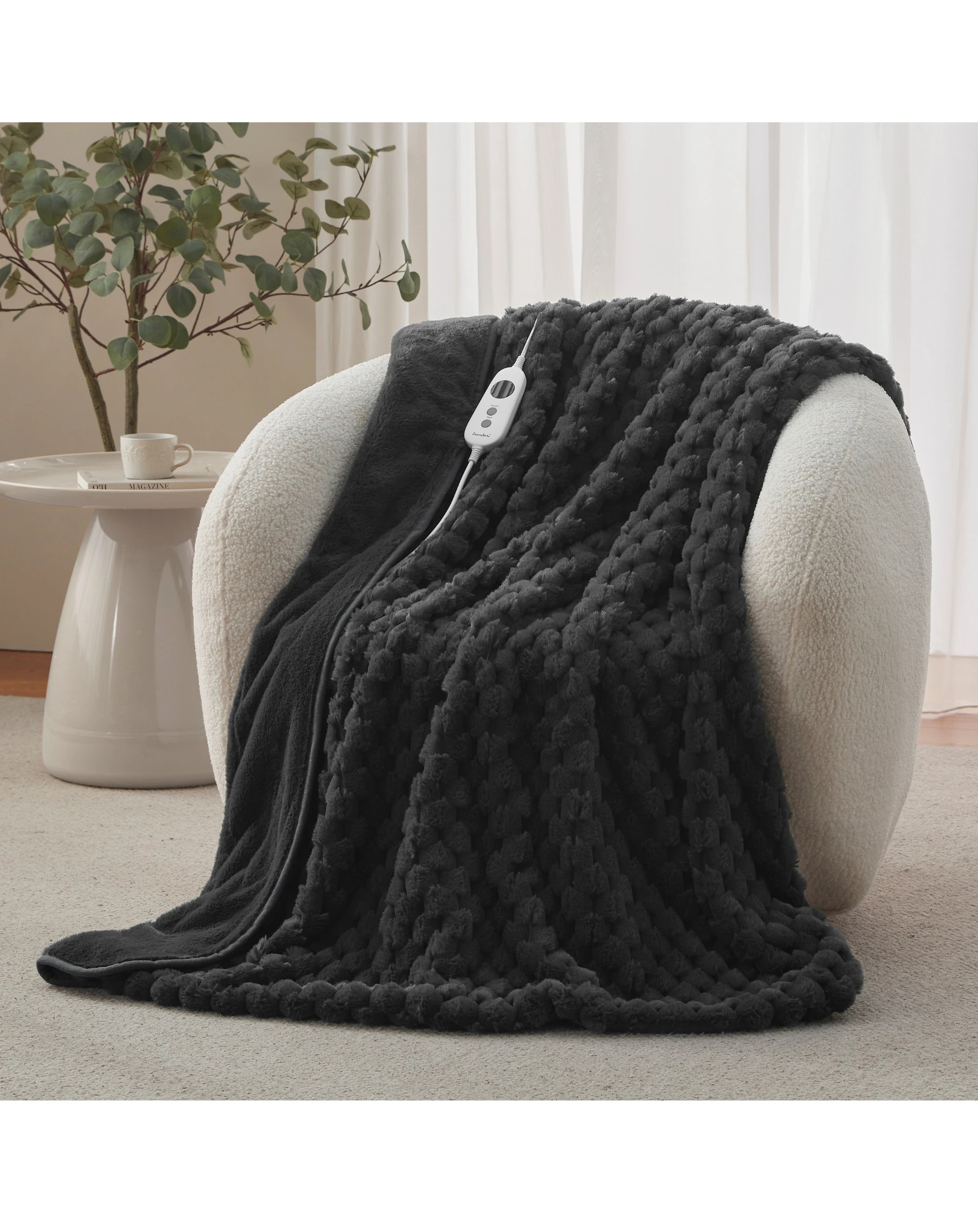1 Dreamaker Emmett Textured Faux Fur Heated Throw 130x160cm - Charcoal, 1 of 9