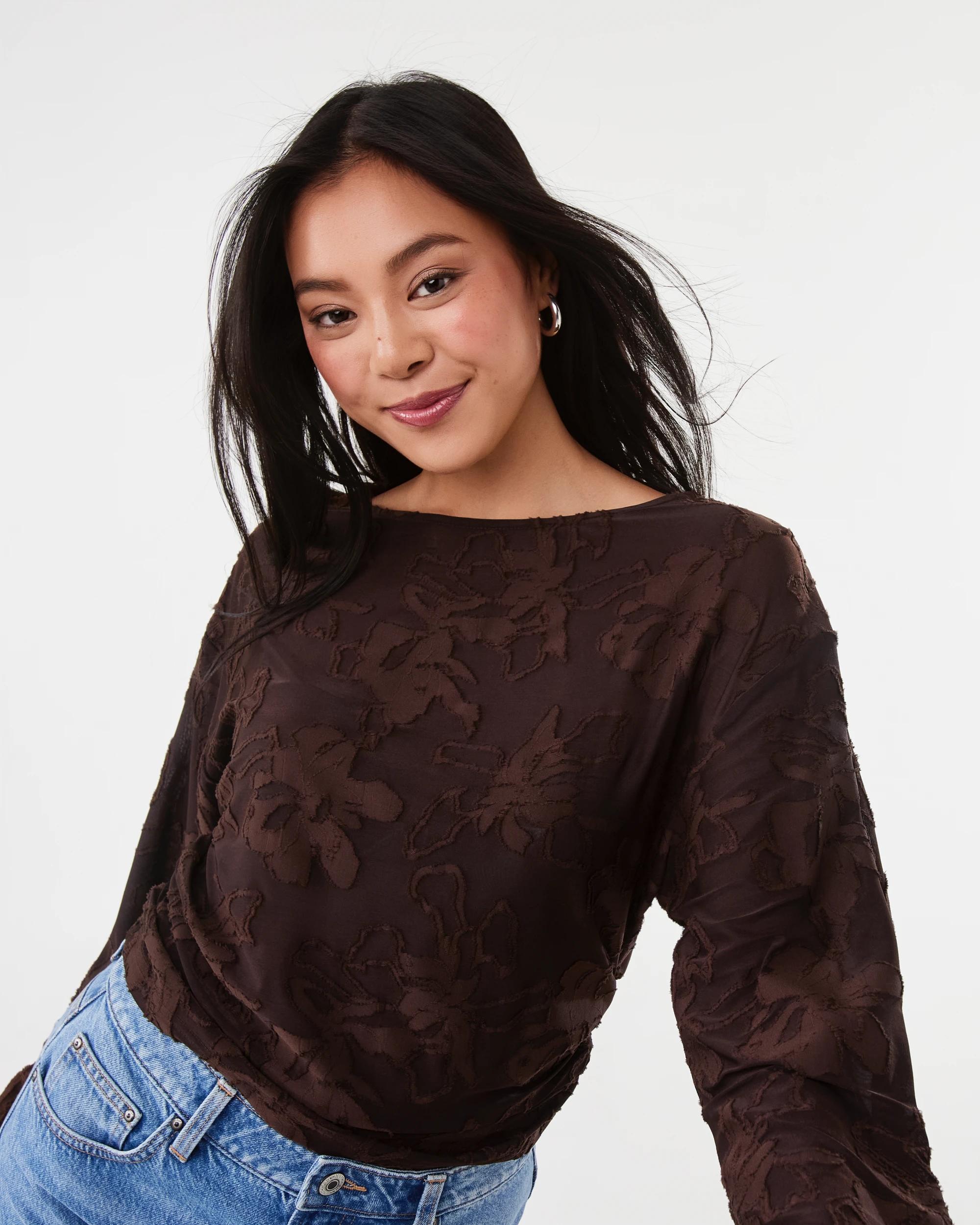 5 Long Sleeve Jacquard Top Melt Brown, 5 of 7
