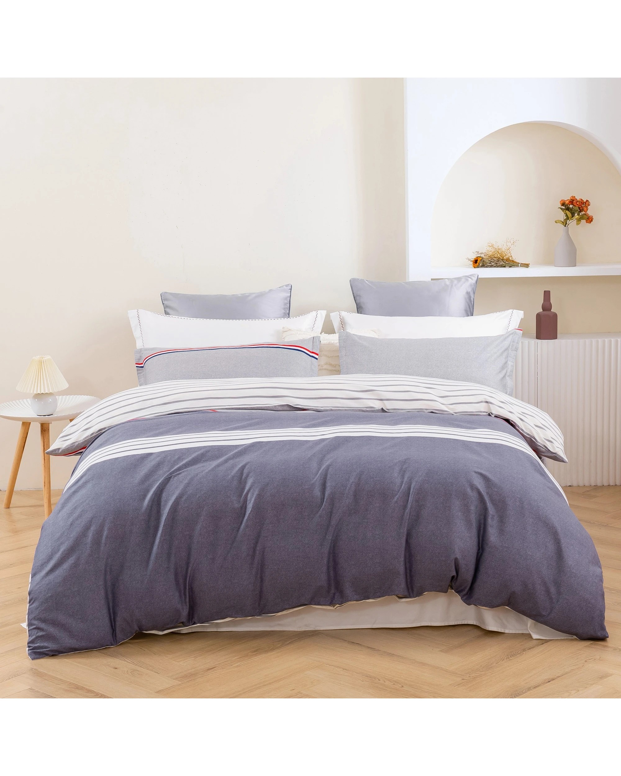 1 Dreamaker Tommy 100% Cotton Reversible Quilt Cover Set - Queen Bed - Dark Blue and White, 1 of 10