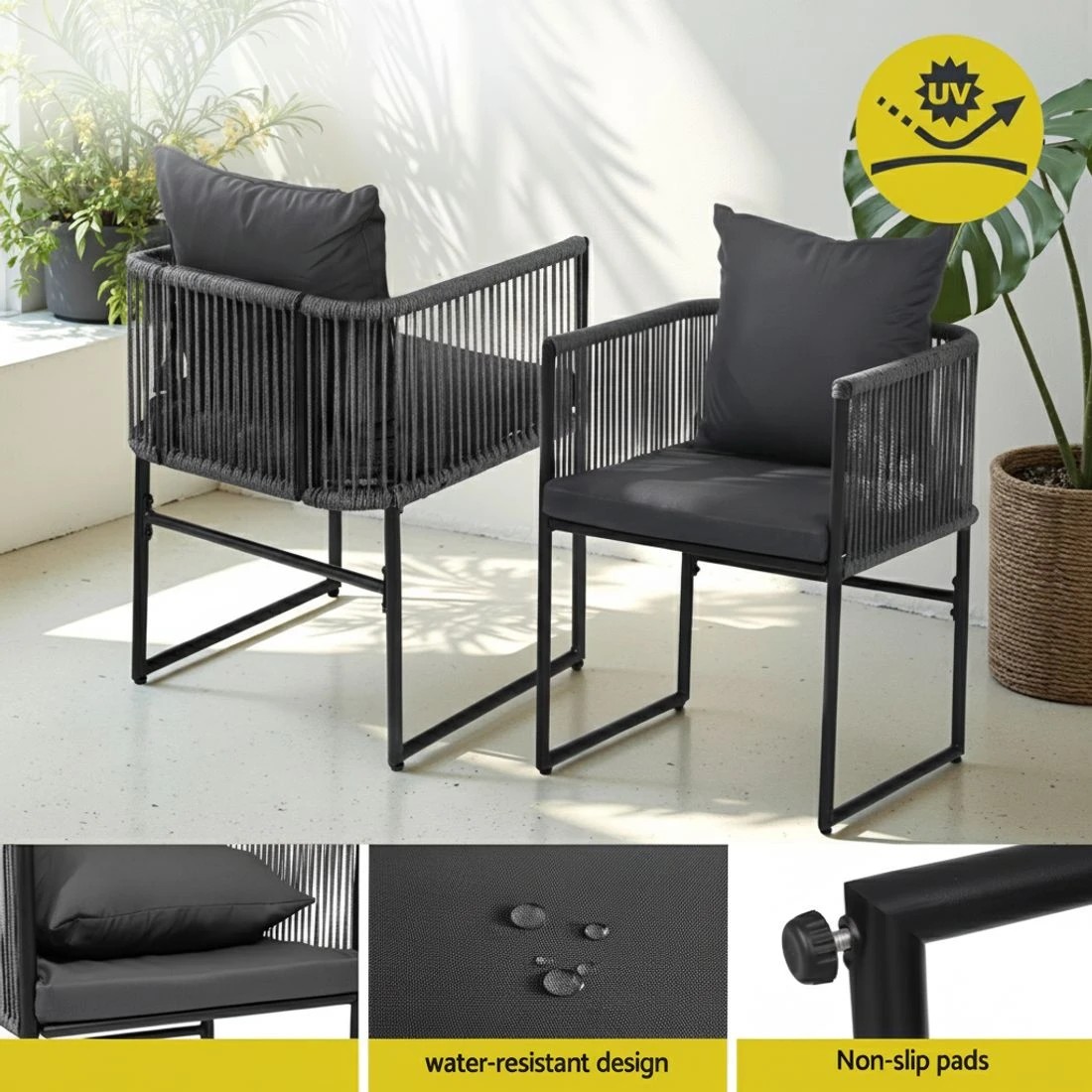 5 Gardeon 2PC Outdoor Dining Chairs Woven Rope Chair Patio Furniture Garden Steel - Black, 5 of 7
