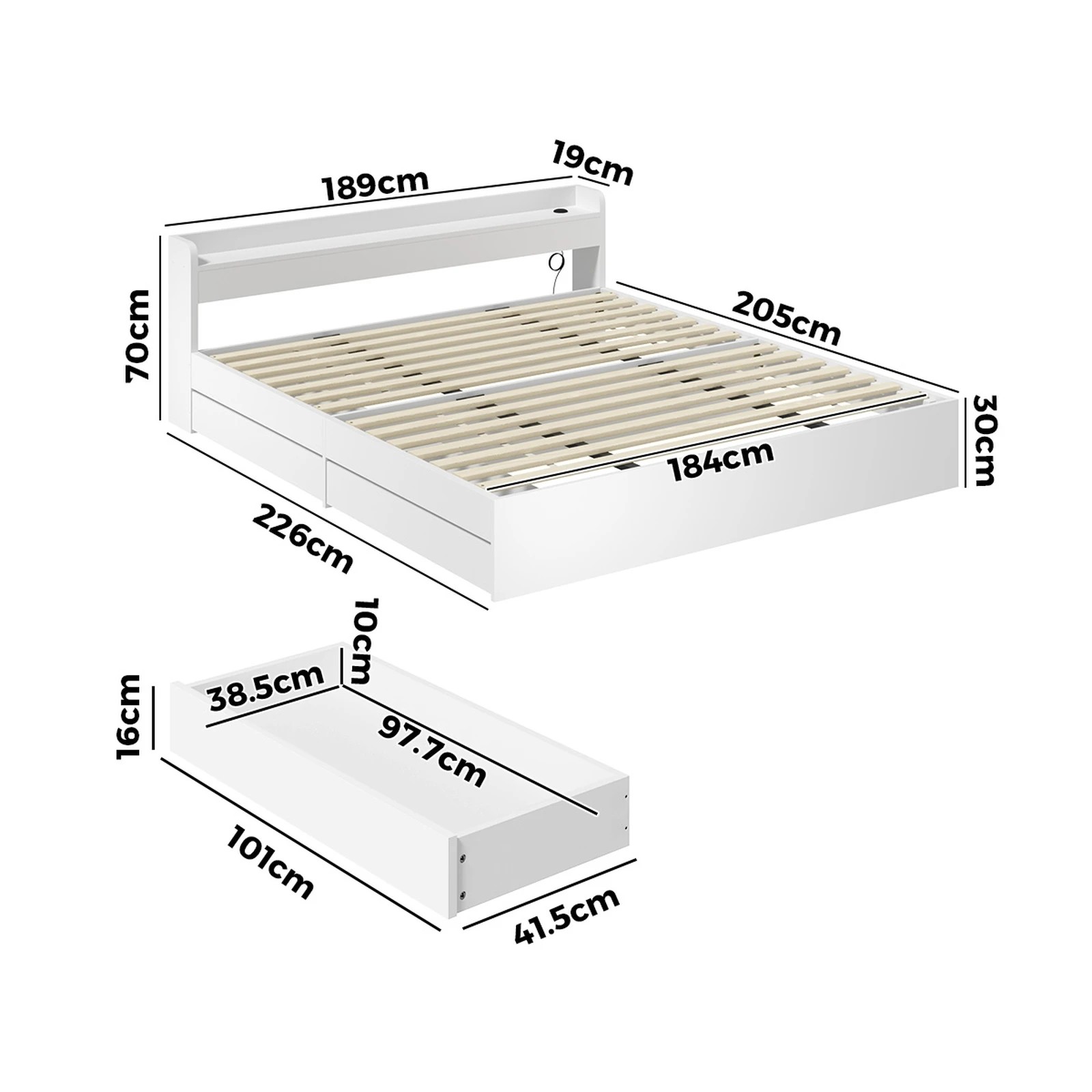10 Oikiture King Bed With Charging Ports & 2 Drawers Timber Bed Frame
 - White, 10 of 10