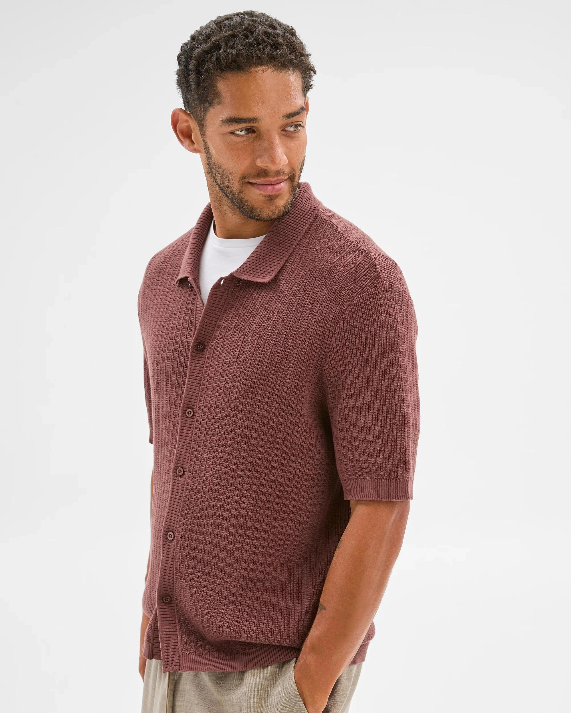 4 Australian Cotton Textured Stripe Knit Shirt - Preview BRICK, 4 of 6