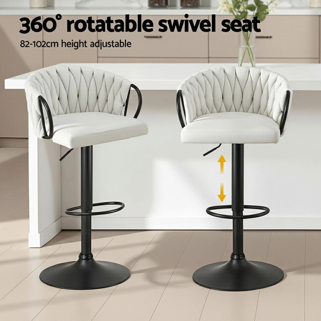 4 Artiss Bar Stool x4 Kitchen Dining Chair Counter Gaslift Woven Velvet - Beige, 4 of 6