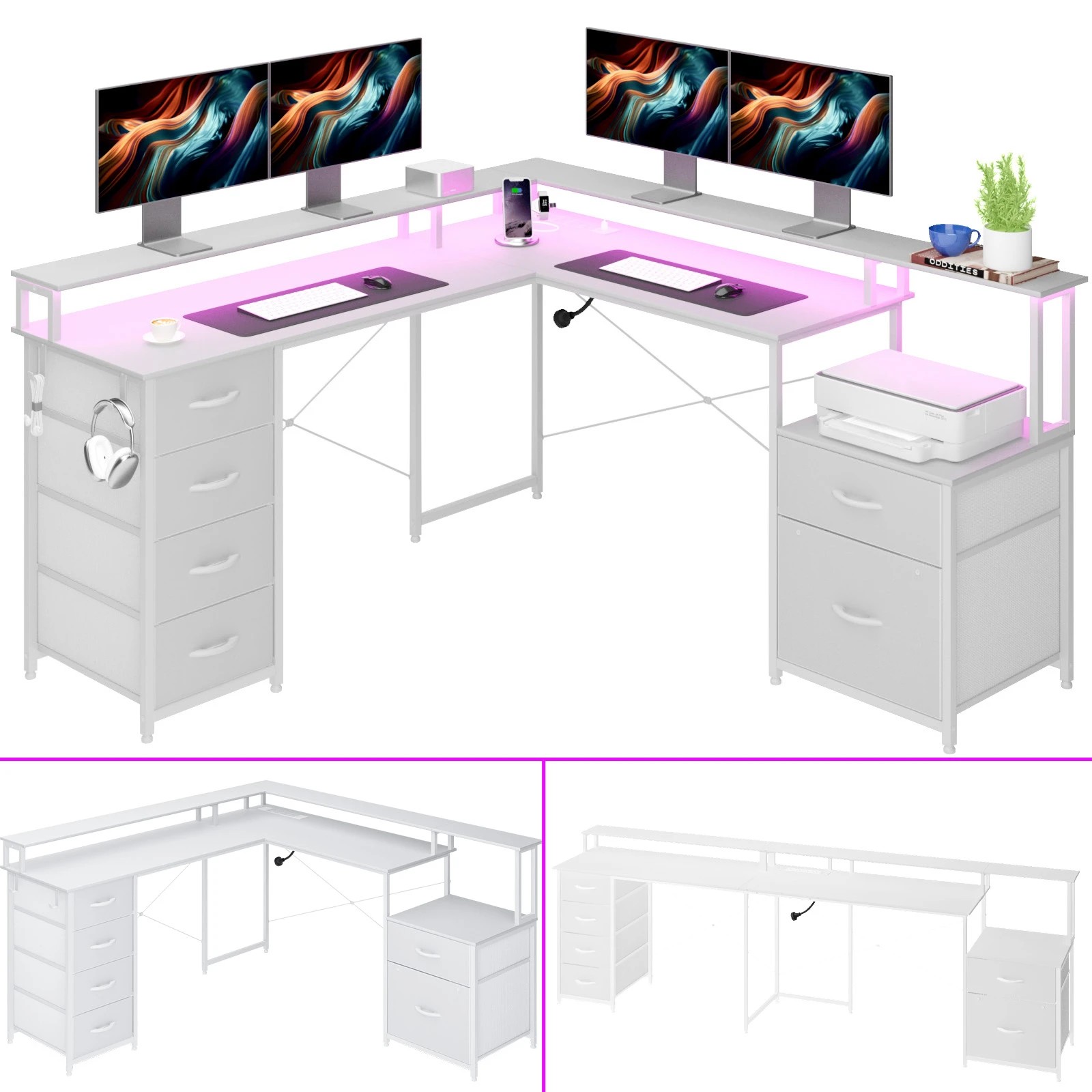 3 Advwin L Shaped Gaming Desk With Led Lights & Power Outlets, 3 of 9