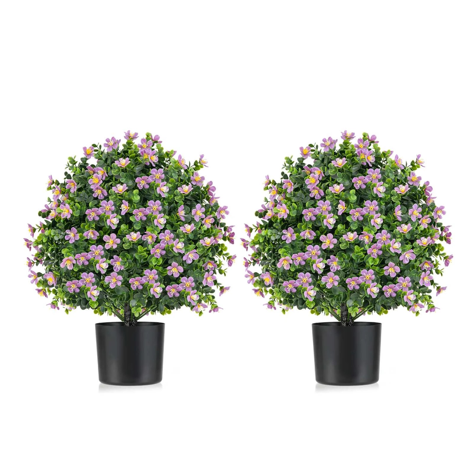 1 Costway 2x Artificial Boxwood Topiary Ball Tree w/Purple Flowers Potted Fake Decorative, 1 of 1