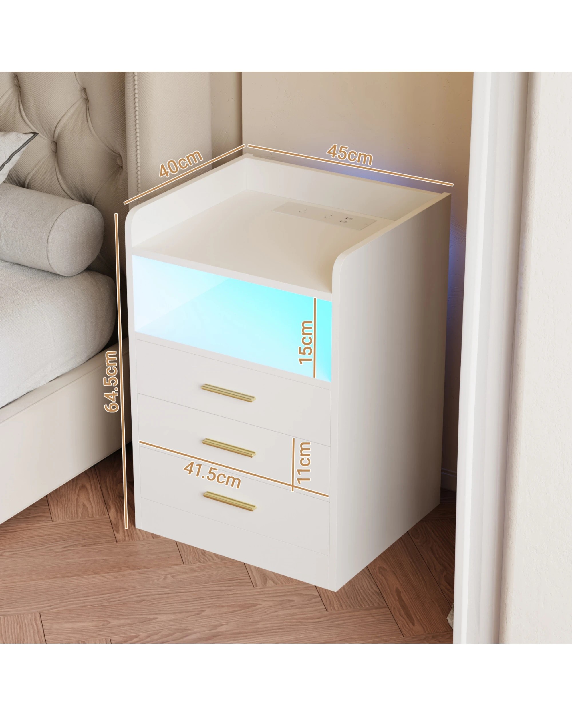3 Advwin RGB LED Bedside Table with Charging Station 3 Drawers - White, 3 of 9