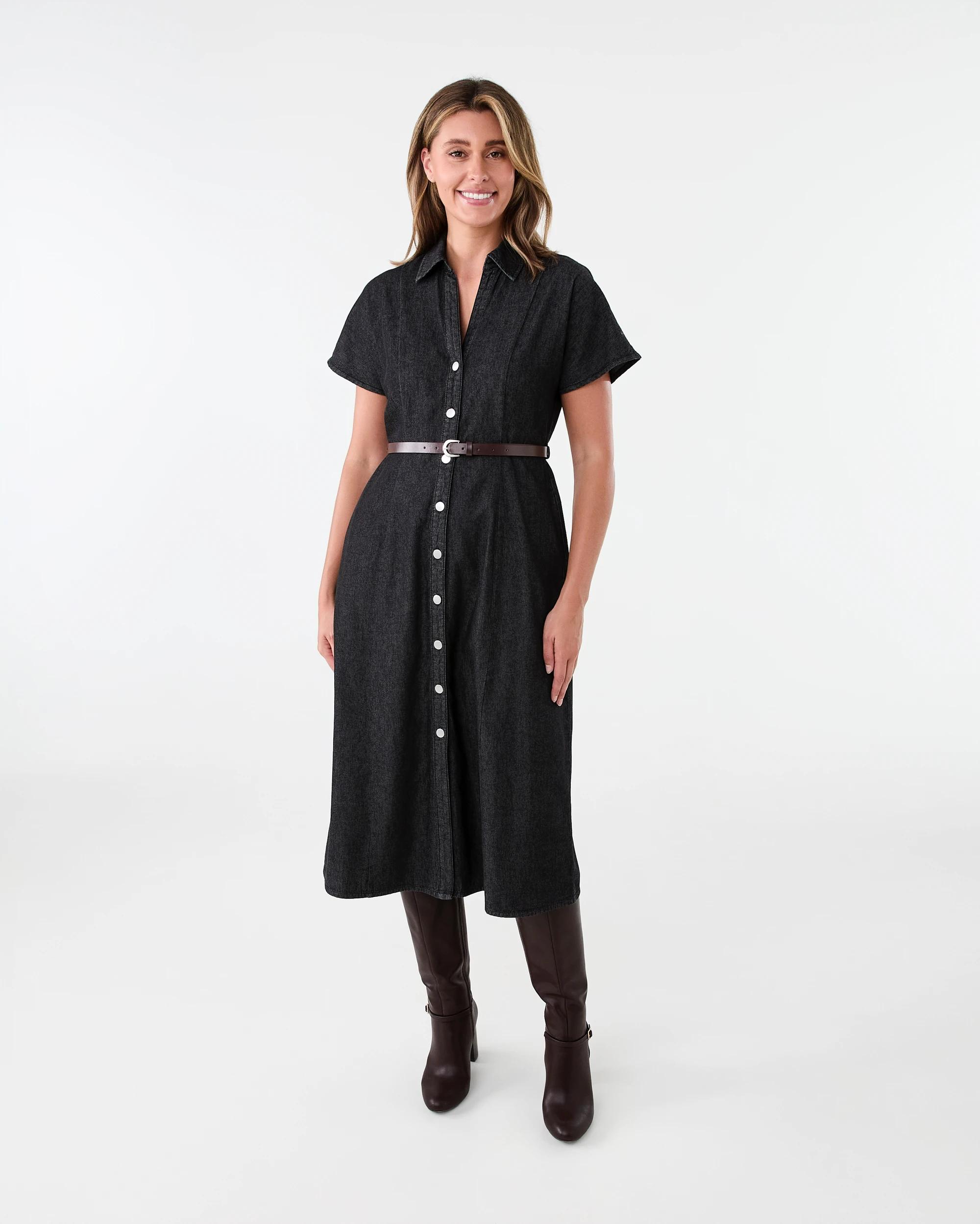1 Short Sleeve Chambray Shirt Midi Dress Black Wash, 1 of 8