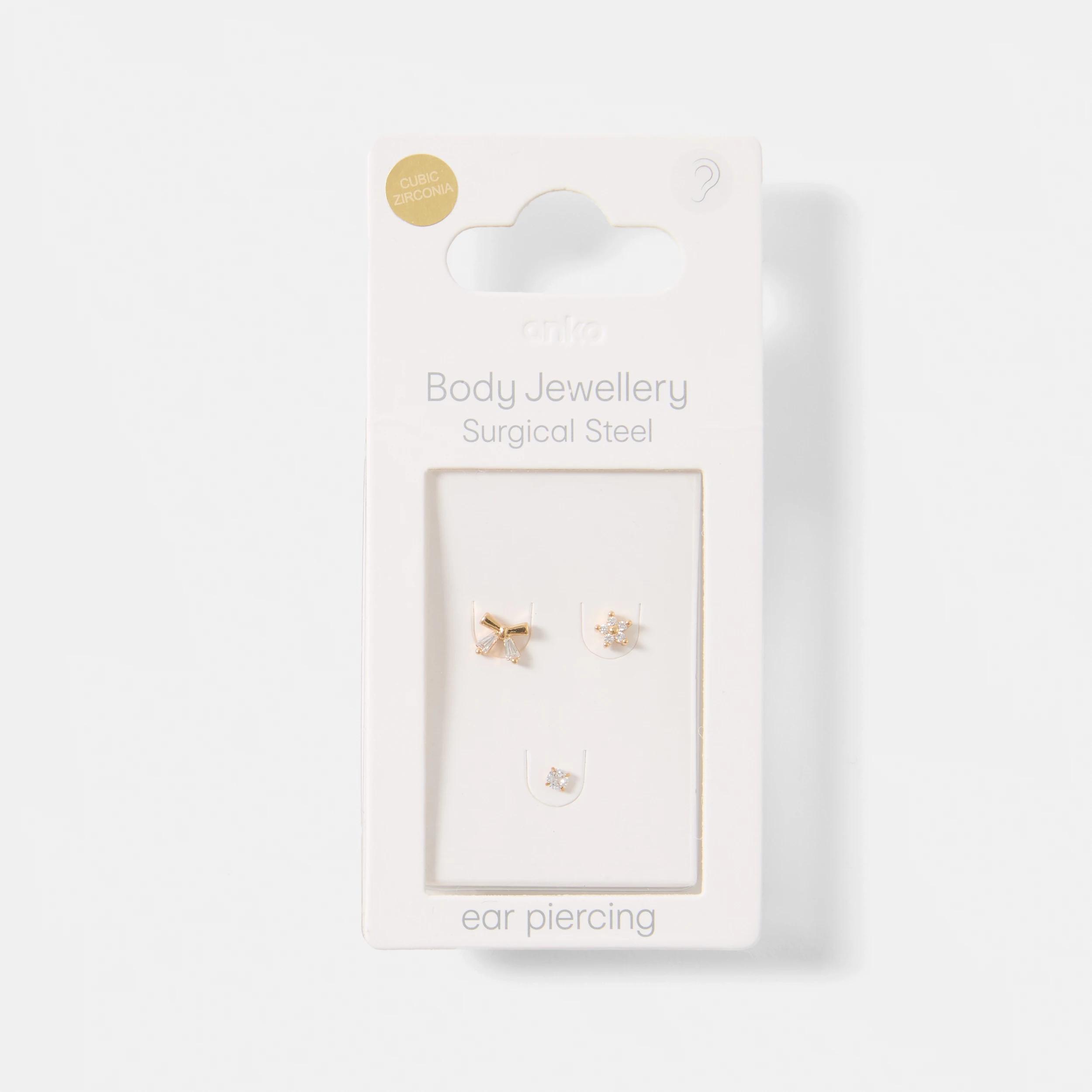 4 3 Pack Cubic Zirconia Bow Ear Piercing Studs - Gold Tone GOLD, 4 of 4