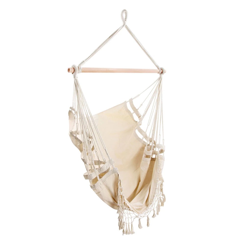 1 Gardeon Hanging Hammock Chair Outdoor Swing Hammocks Tassel Cream - Beige, 1 of 8