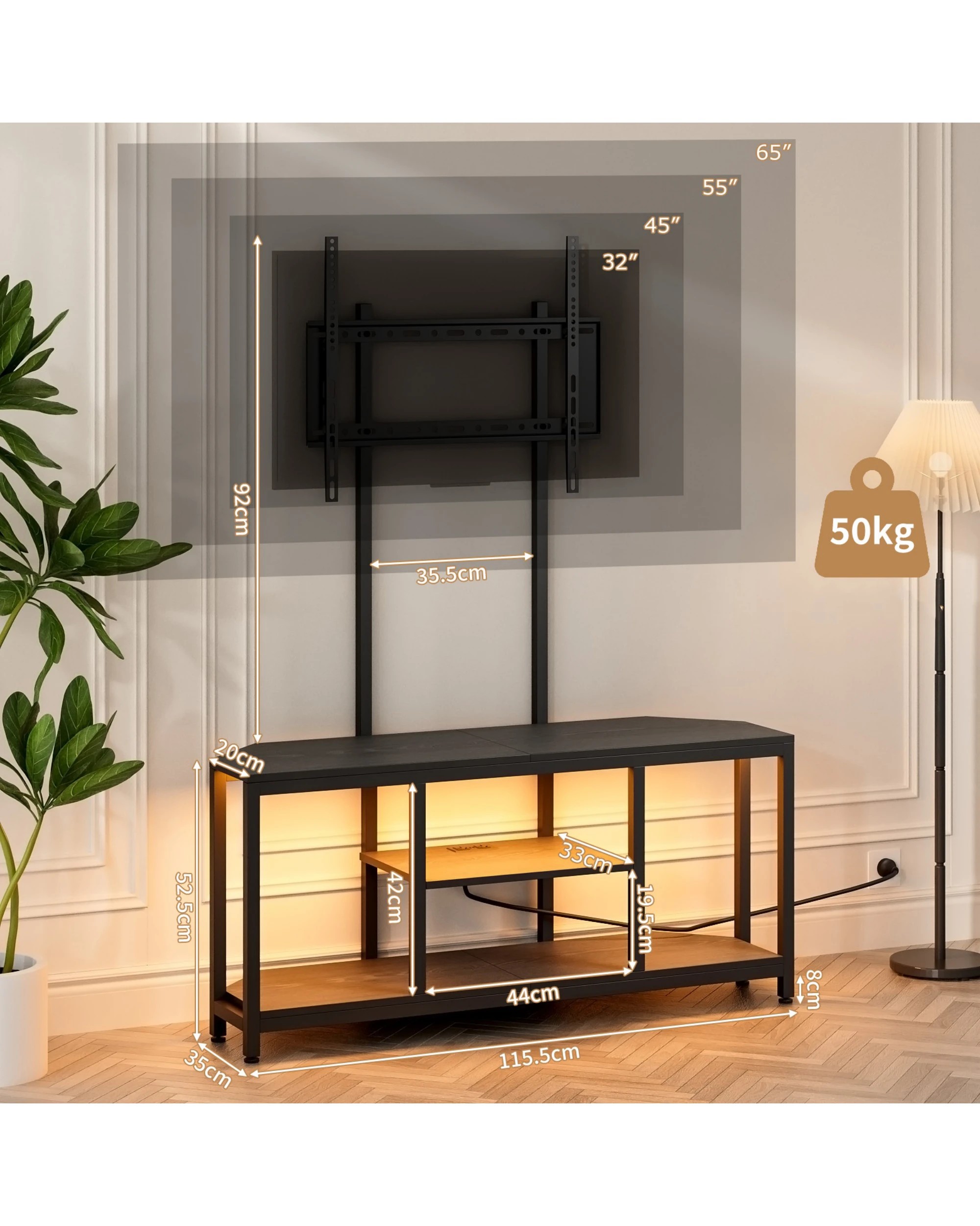 10 Advwin 115cm LED TV Cabinet w/ Mount Adjustable Corner Entertainment Unit Stand w/ AC & Shelf Media Console Table, 10 of 10
