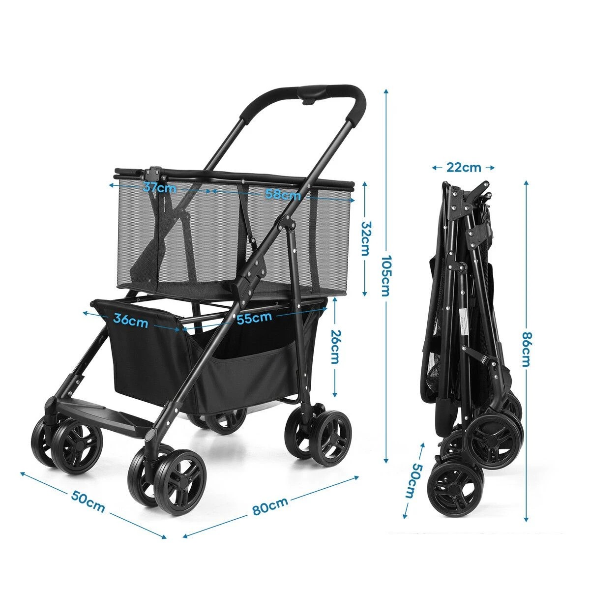 4 AUSWAY 2 Tier Foldable Shopping Trolley with Wheels Collapsible Grocery Utility Cart Rolling Market Travel, 4 of 6