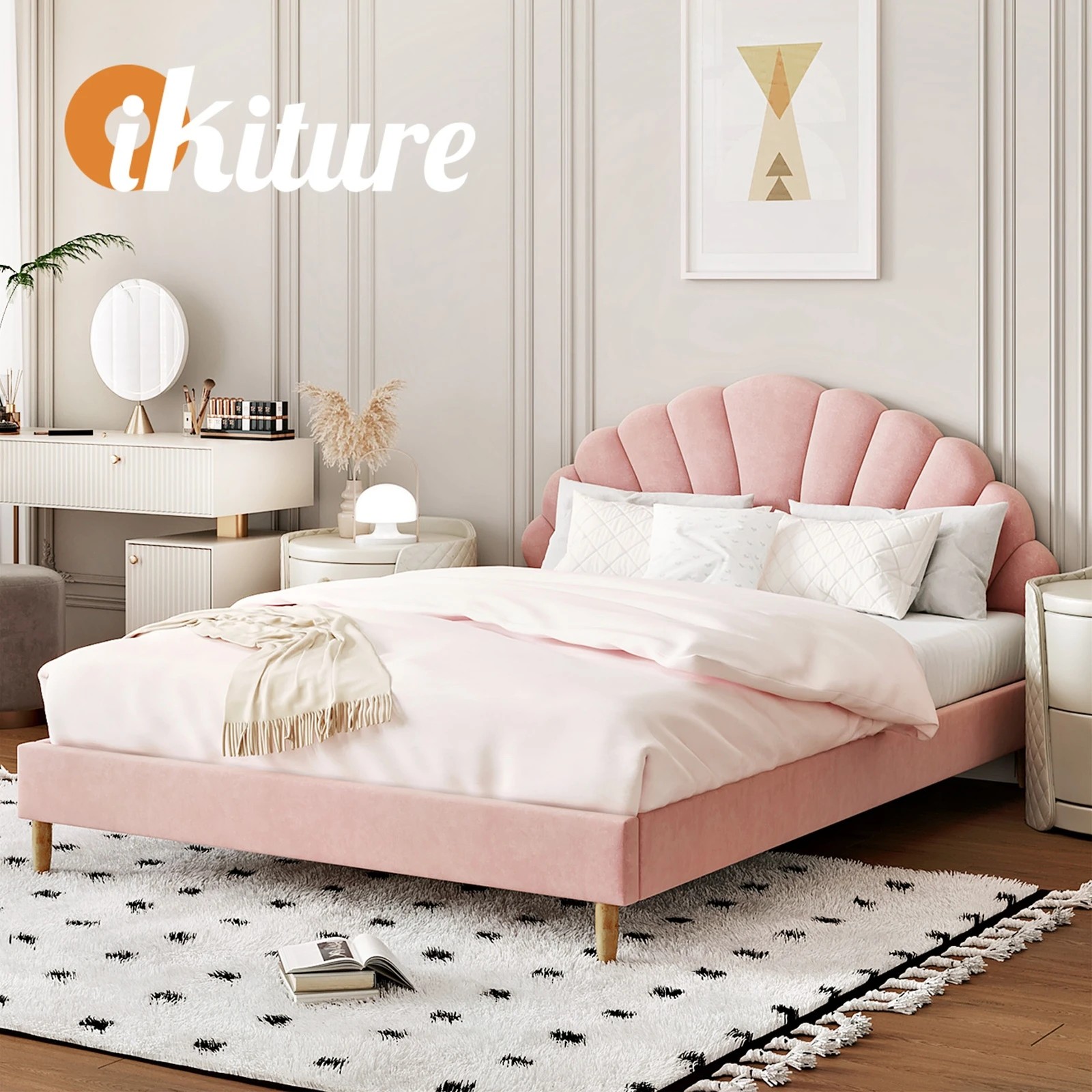 7 Oikiture Double Bed Frame Scallop-shape Bedhead Velvet- Pink, 7 of 10