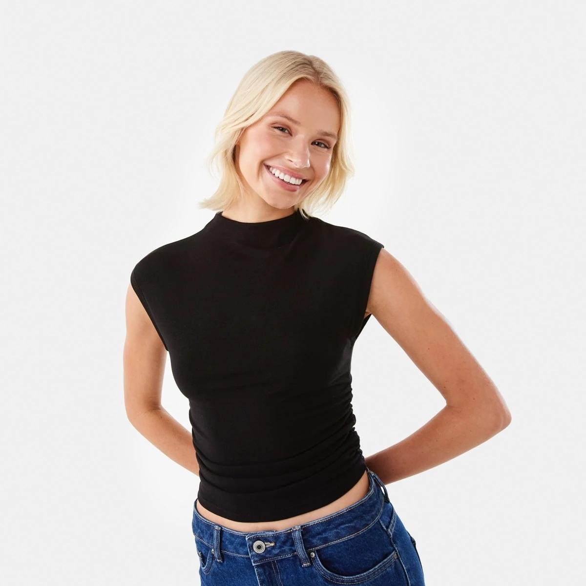 1 Sleeveless Mock Neck Ruched Top Black, 1 of 10
