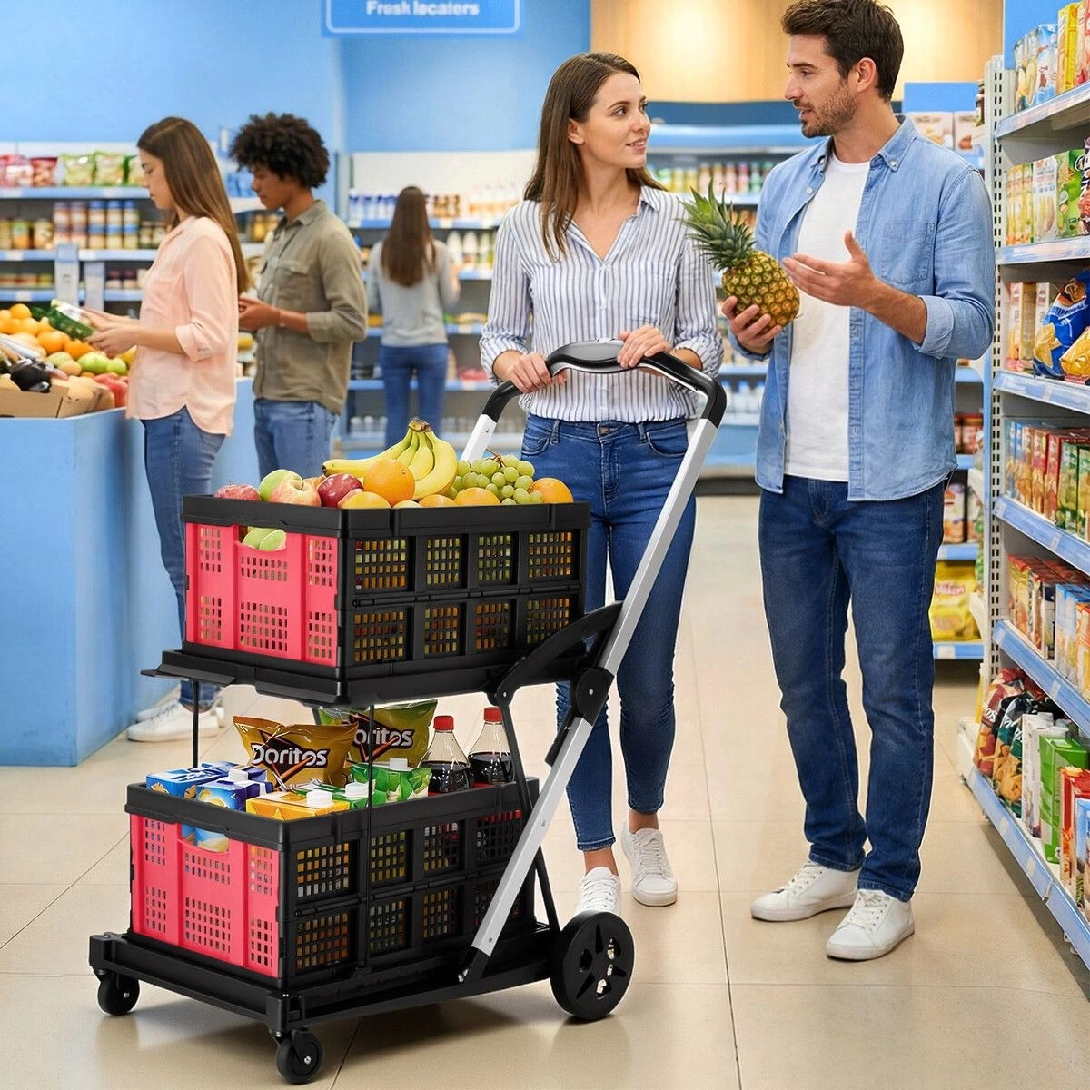 2 AUSWAY Folding Shopping Cart Trolley Hand Truck 2 Baskets Utility Luggage, 2 of 5