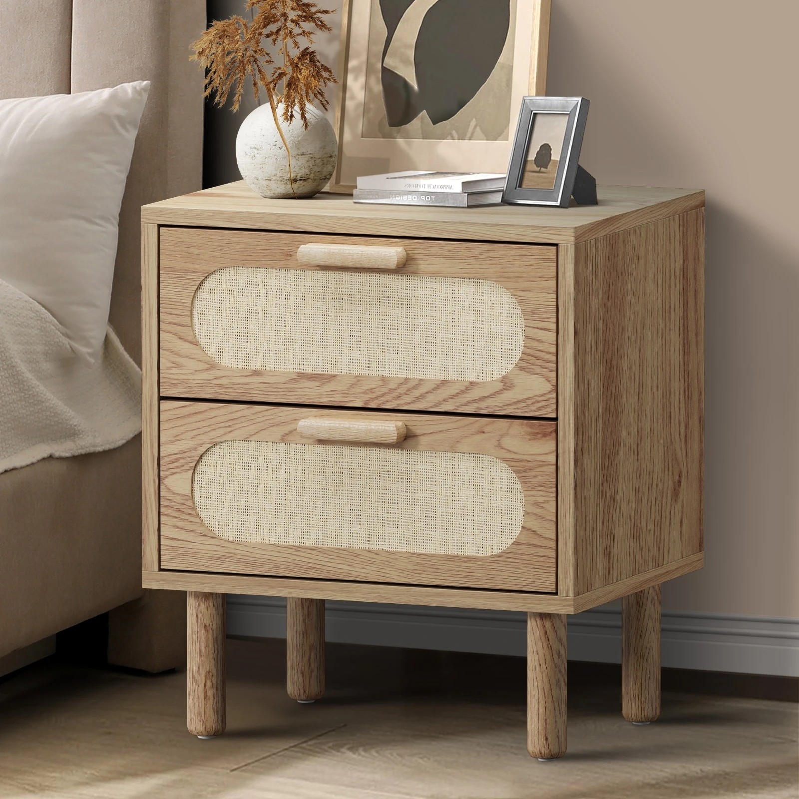 2 Oikiture Bedside Table Drawers Side End Tables Storage Nightstand
 - Natural, 2 of 10