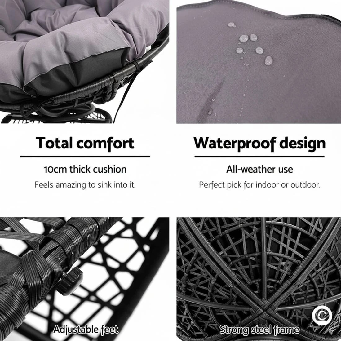 8 Gardeon Outdoor Chairs Outdoor Furniture Papasan Chair Wicker Patio Garden - Black, 8 of 8