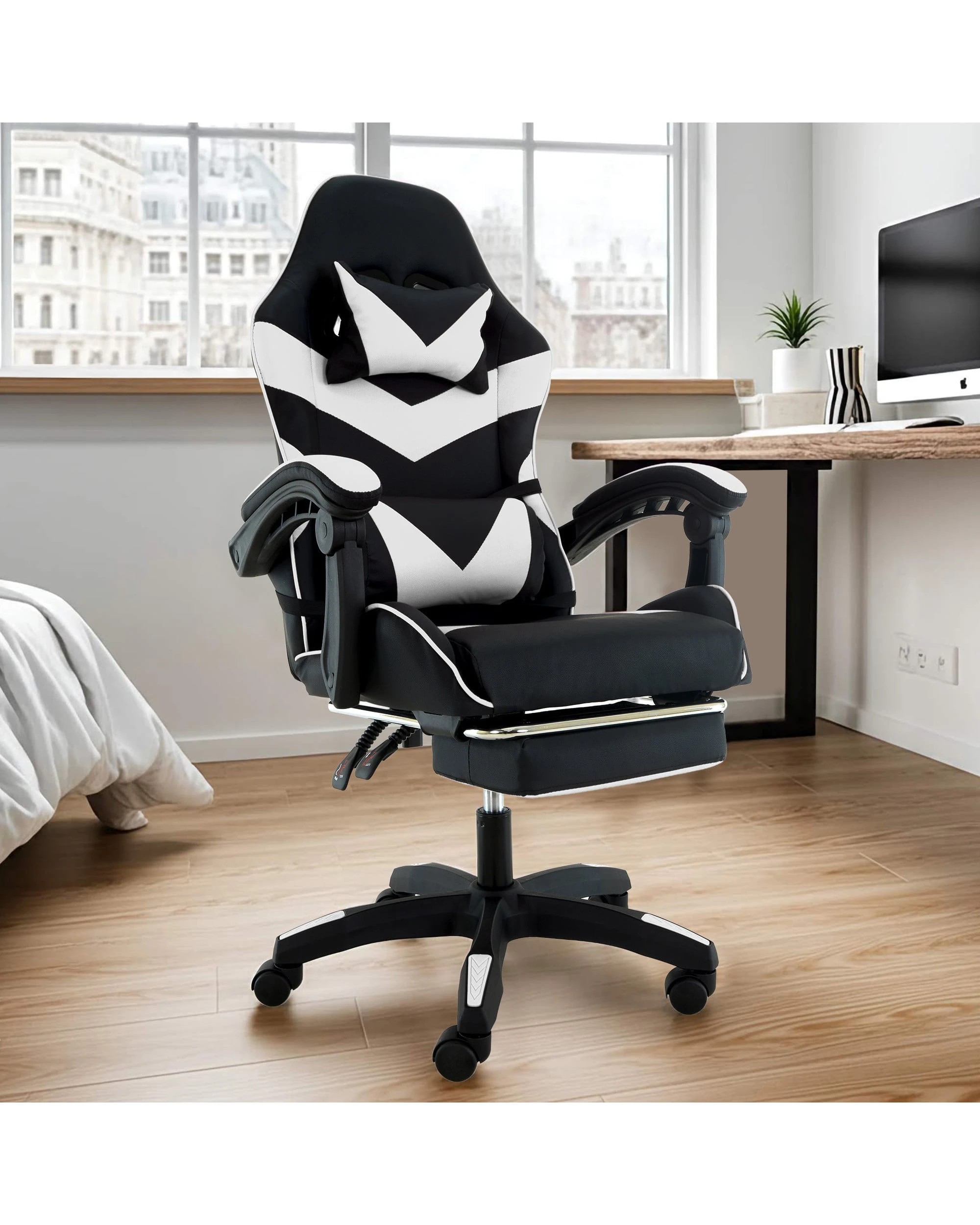 3 Sarantino Cueva Reclining High Back Office Gaming Chair with Retractable Footrest Office Computer Seating BKWH, 3 of 5