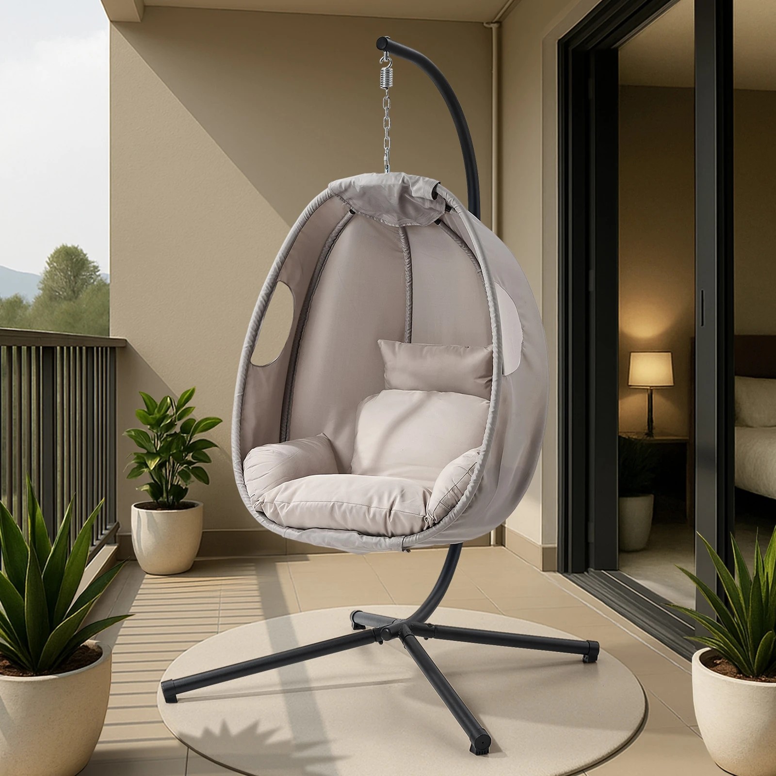 3 Livsip Outdoor Egg Hanging Chair Swing Seat Furniture with Stand Cushions - Grey, 3 of 8