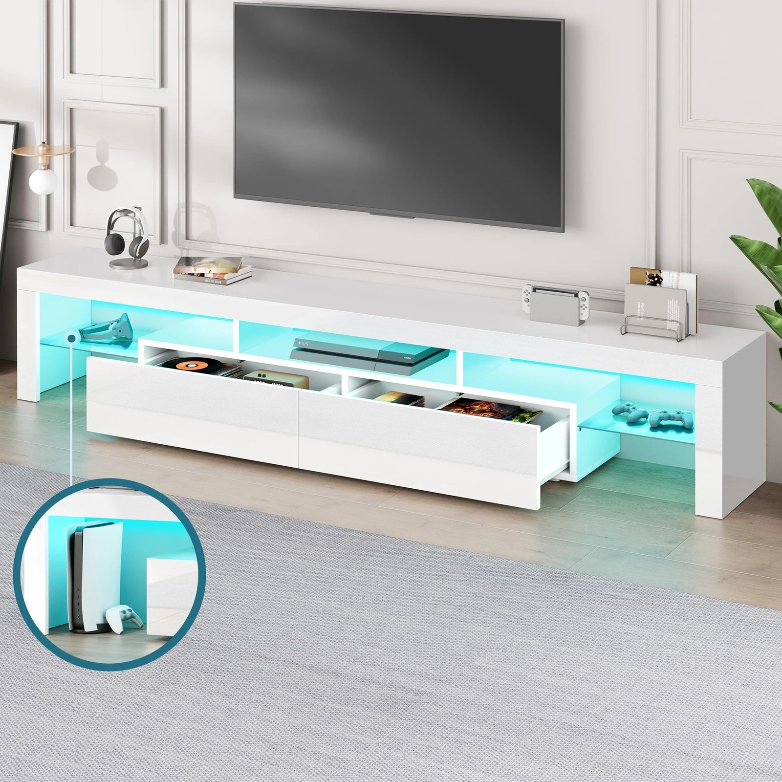 7 Alfordson Entertainment Unit 200cm TV Stand LED Light Storage Gloss - White, 7 of 10