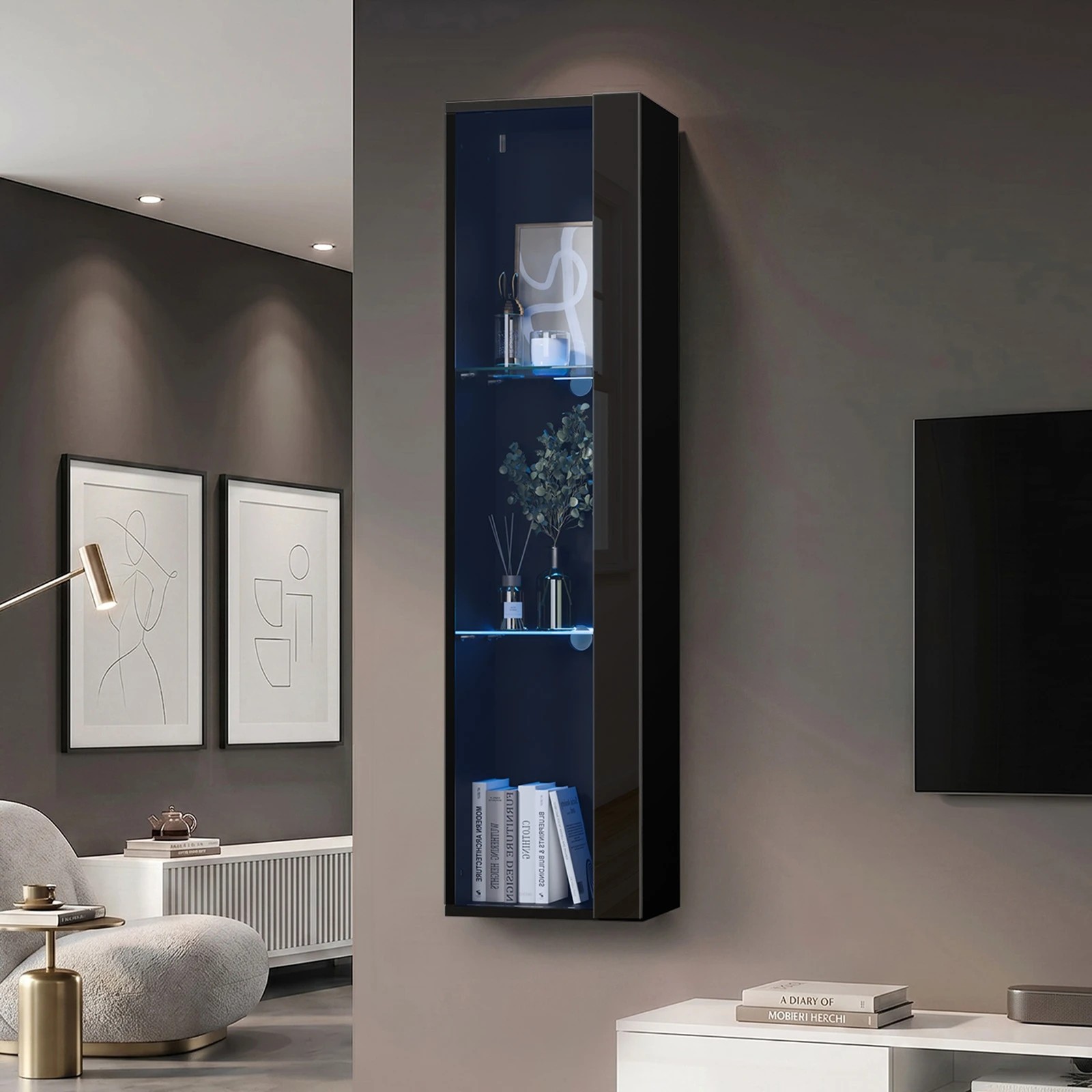 3 Oikiture Wall Mounted Display Cabinet LED Light High Gloss Cupboard - Black, 3 of 8