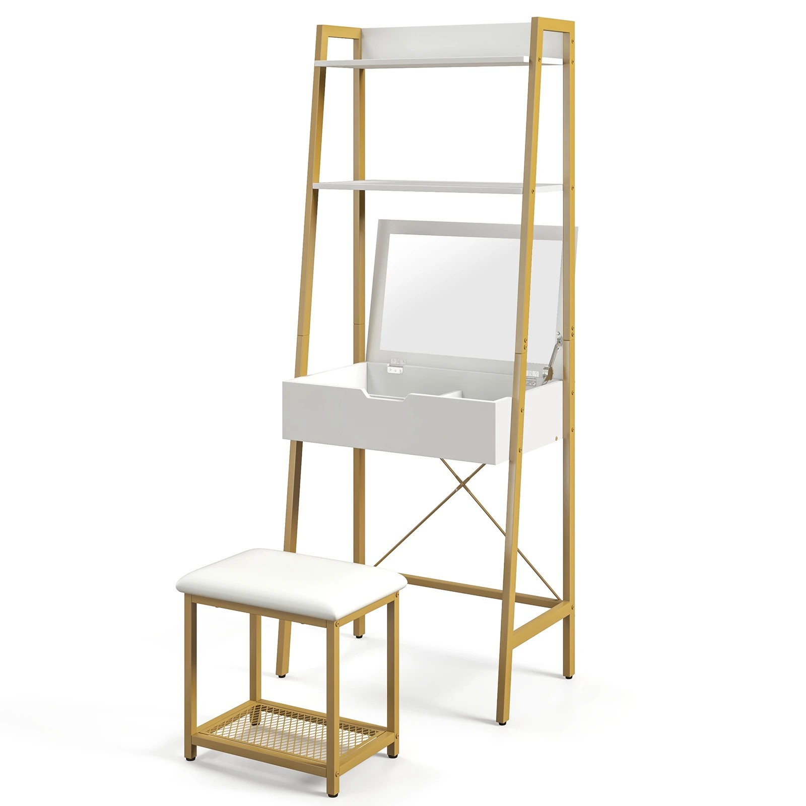 1 Costway Ladder Vanity Table Stool Set Makeup Desk Dressers w/Open Shelf & Compartment, 1 of 4