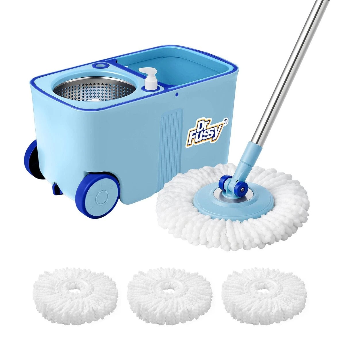 2 Dr FUSSY Spin Mop Bucket Tile Wood Floor Cleaner 4 Microfibre Heads Magic Wet Dry Twist Spinning Easy Cleaning System, 2 of 2